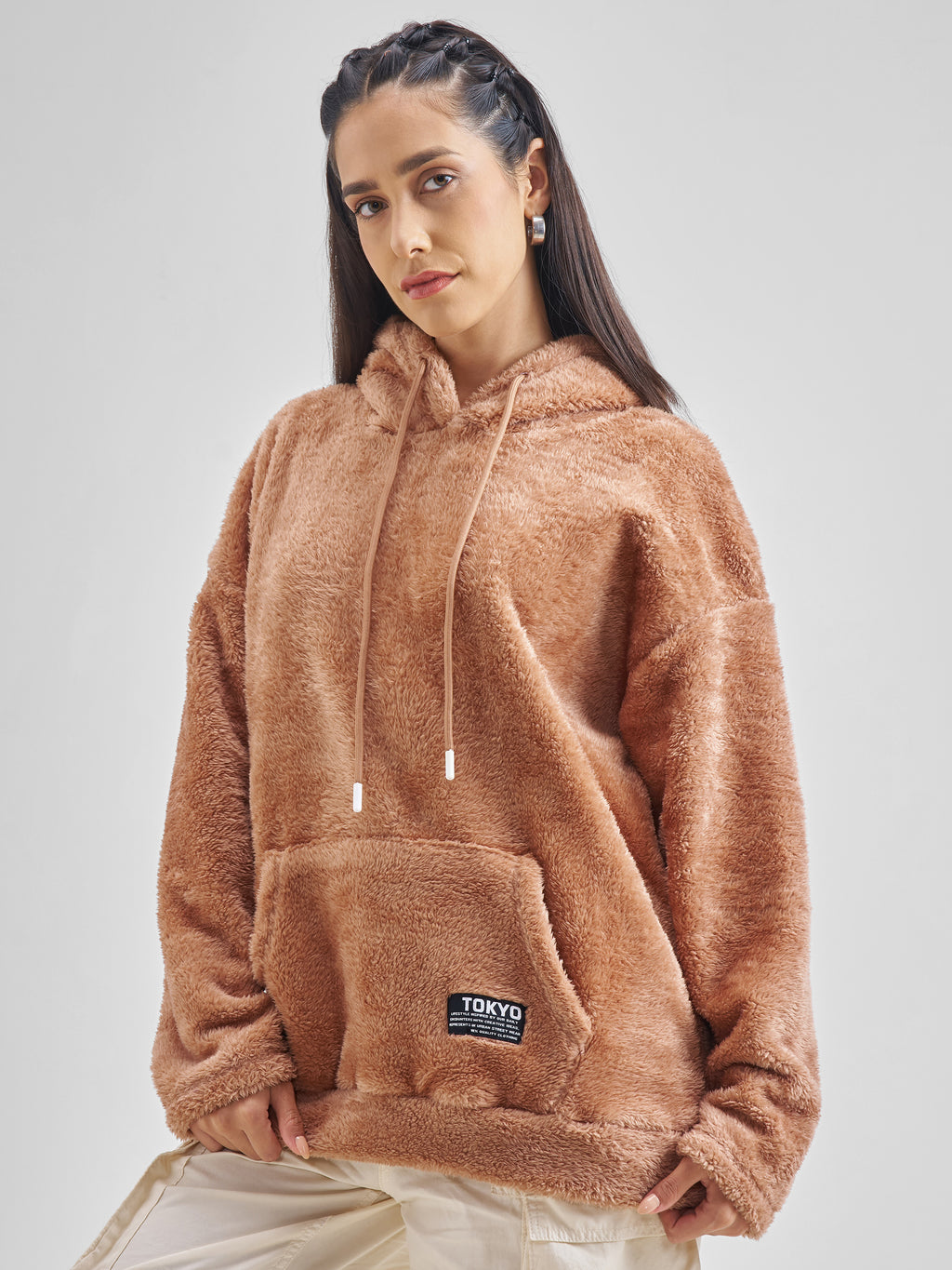Tokyo Talkies Women Brown Solid Pullover Hood Sweatshirt - Brown - Image 4