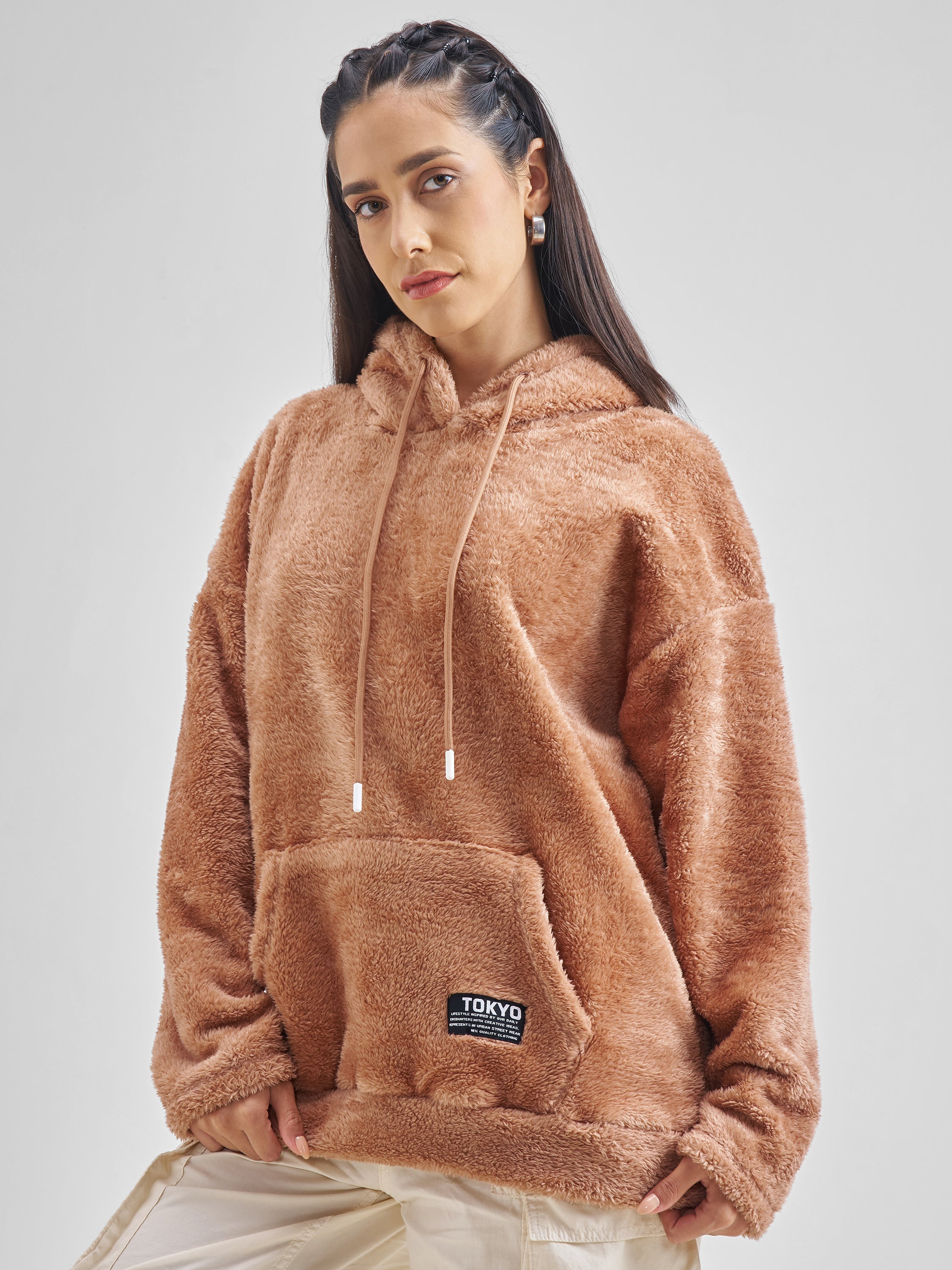 Tokyo Talkies Women Brown Solid Pullover Hood Sweatshirt - Brown - Image 4
