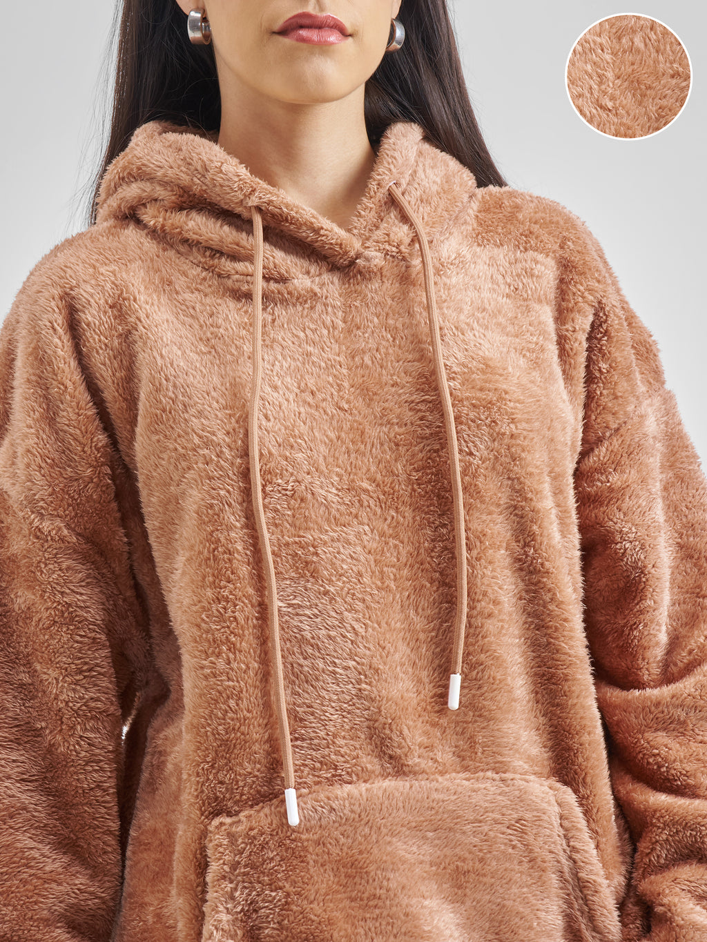 Tokyo Talkies Women Brown Solid Pullover Hood Sweatshirt - Brown - Image 5