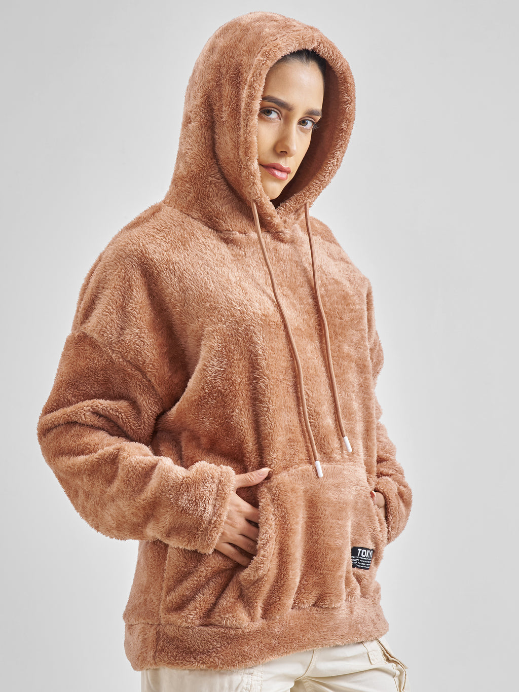 Tokyo Talkies Women Brown Solid Pullover Hood Sweatshirt - Brown - Image 6