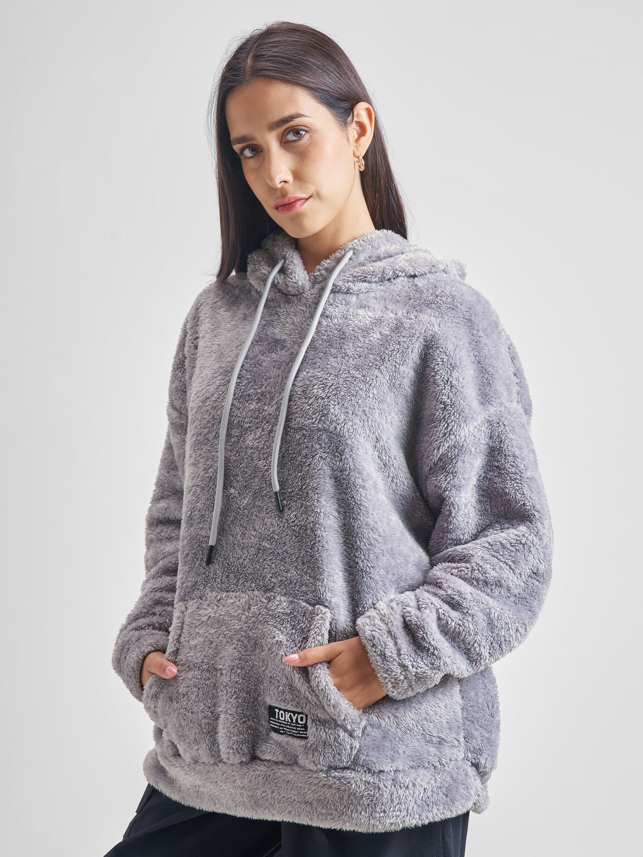Tokyo Talkies Women Grey Solid Pullover Hood Sweatshirt - Grey - Image 4