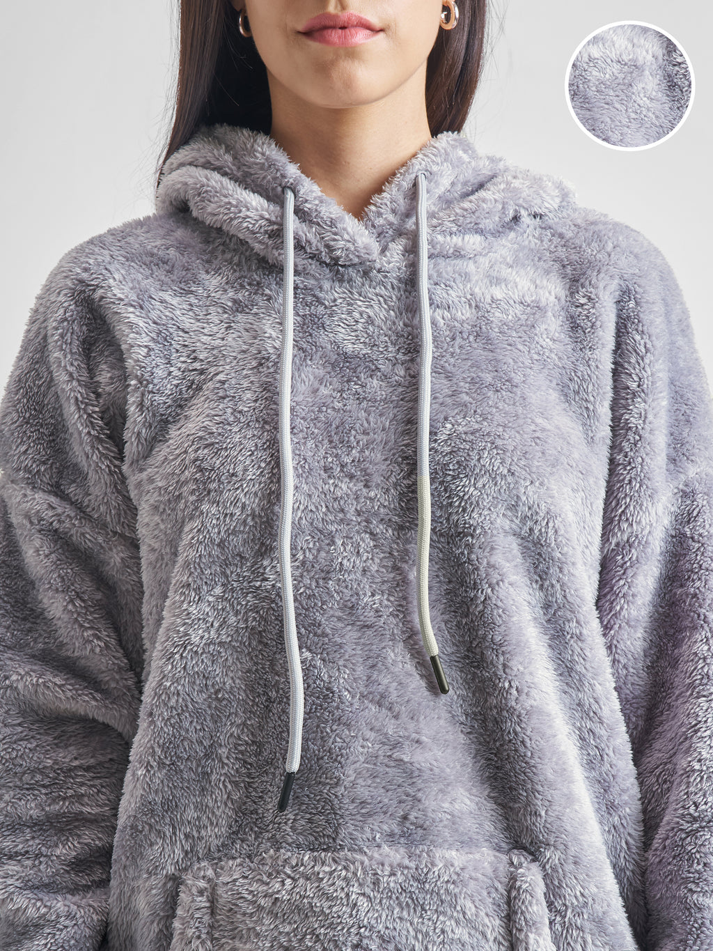 Tokyo Talkies Women Grey Solid Pullover Hood Sweatshirt - Grey - Image 5