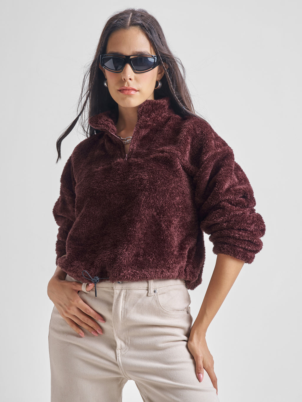 Tokyo Talkies Women Brown Solid Pullover High Neck Sweatshirt - Brown - Image 1