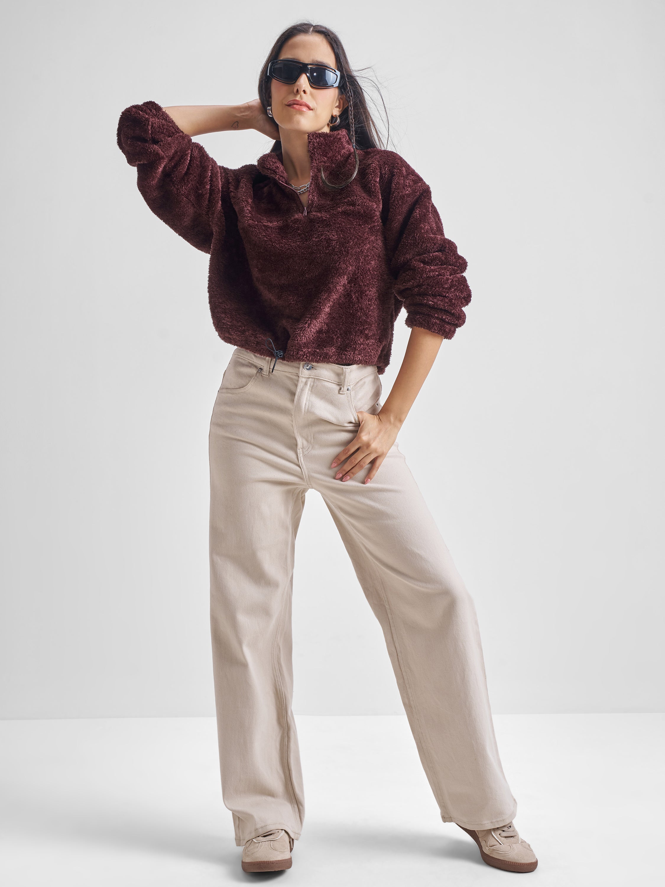 Tokyo Talkies Women Brown Solid Pullover High Neck Sweatshirt - Brown - Image 2
