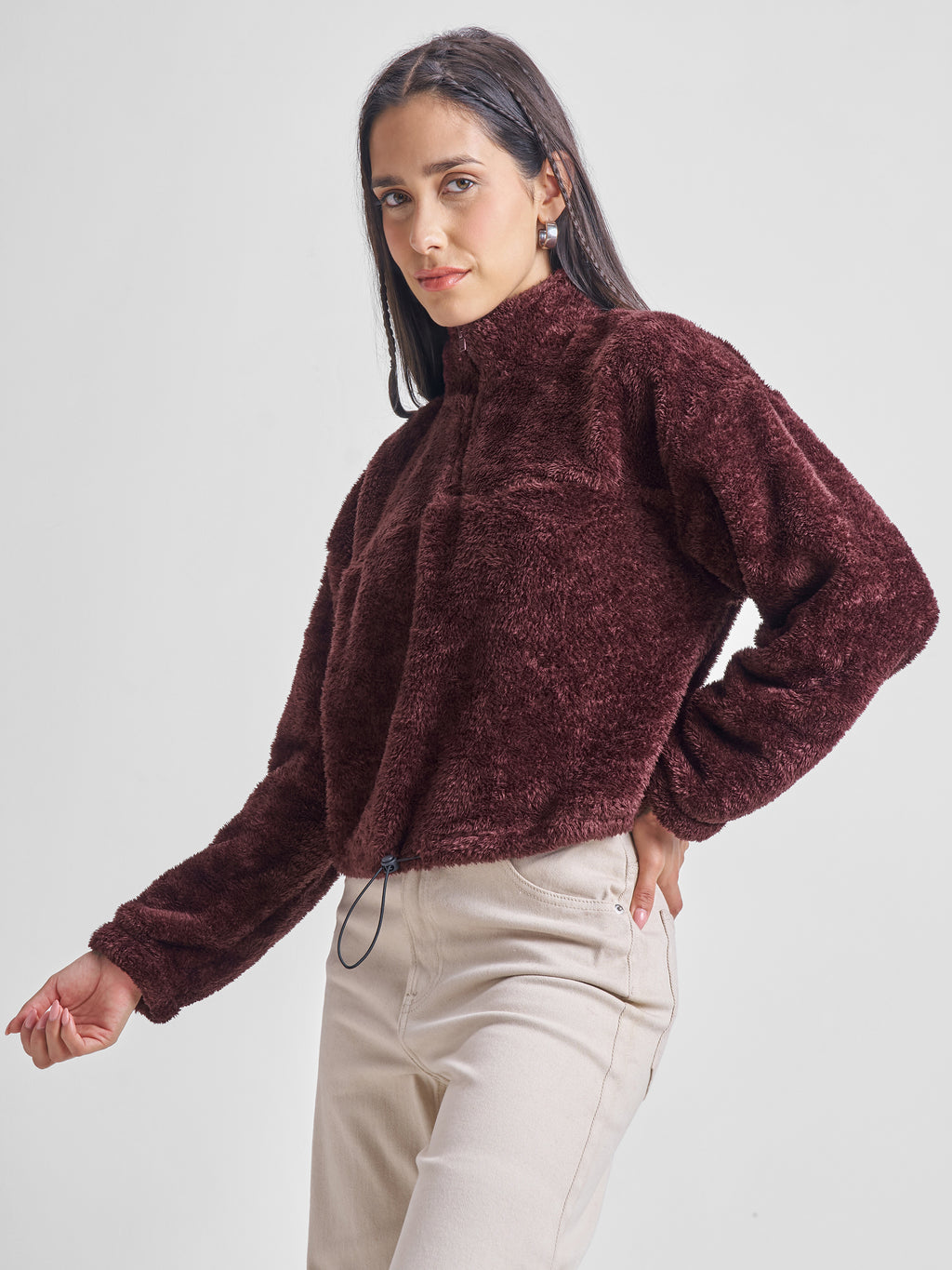 Tokyo Talkies Women Brown Solid Pullover High Neck Sweatshirt - Brown - Image 4