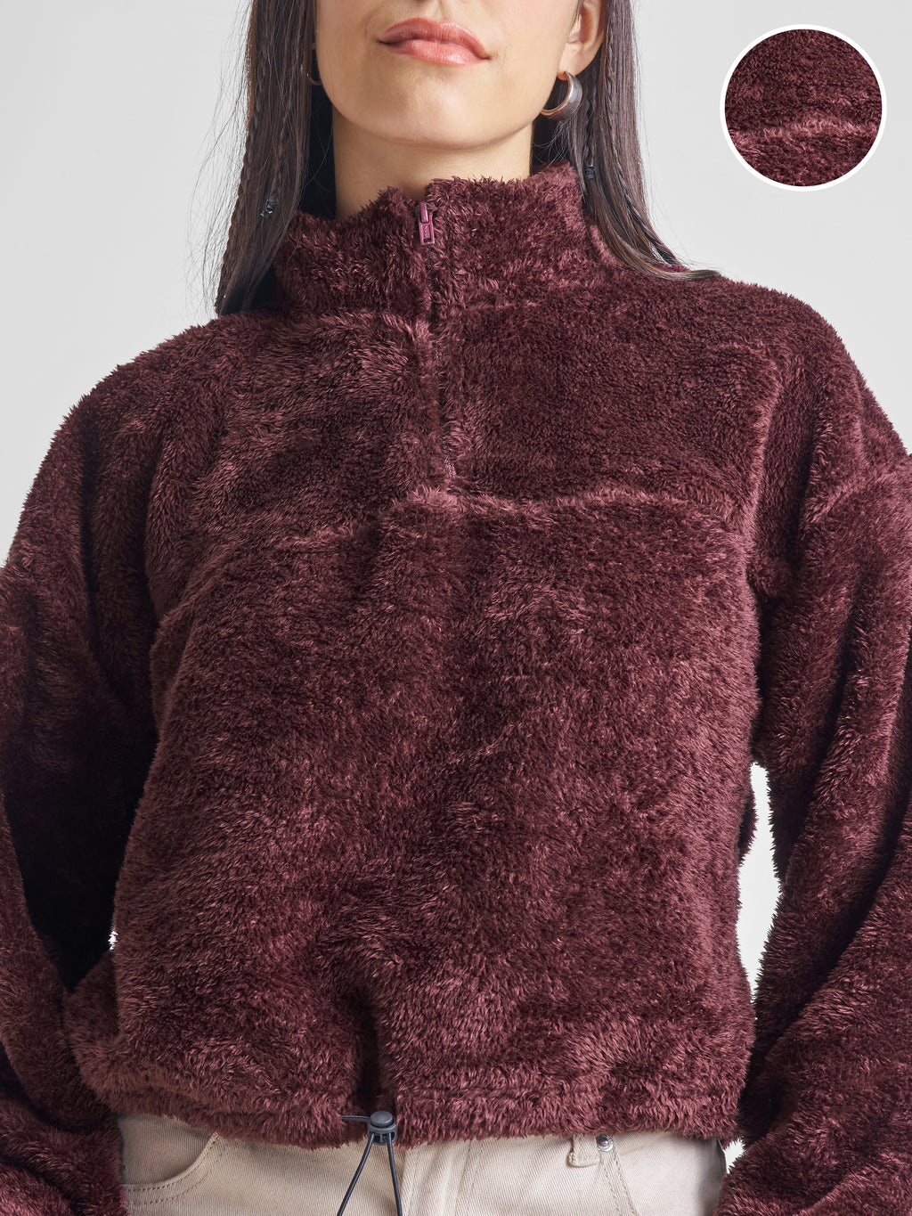 Tokyo Talkies Women Brown Solid Pullover High Neck Sweatshirt - Brown - Image 5