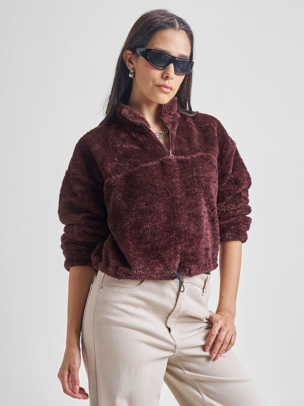 Tokyo Talkies Women Brown Solid Pullover High Neck Sweatshirt - Brown - Image 6