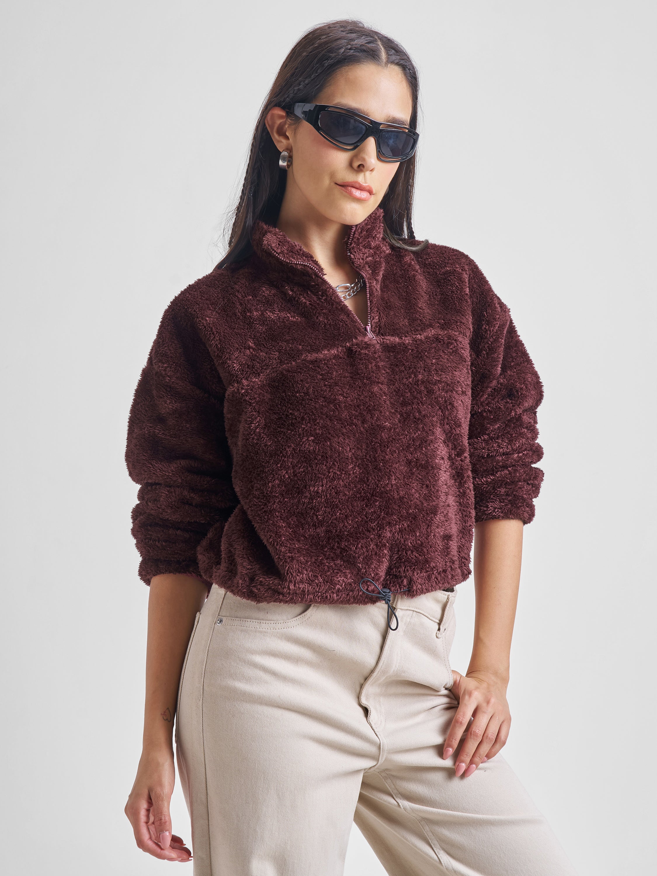 Tokyo Talkies Women Brown Solid Pullover High Neck Sweatshirt - Brown - Image 6