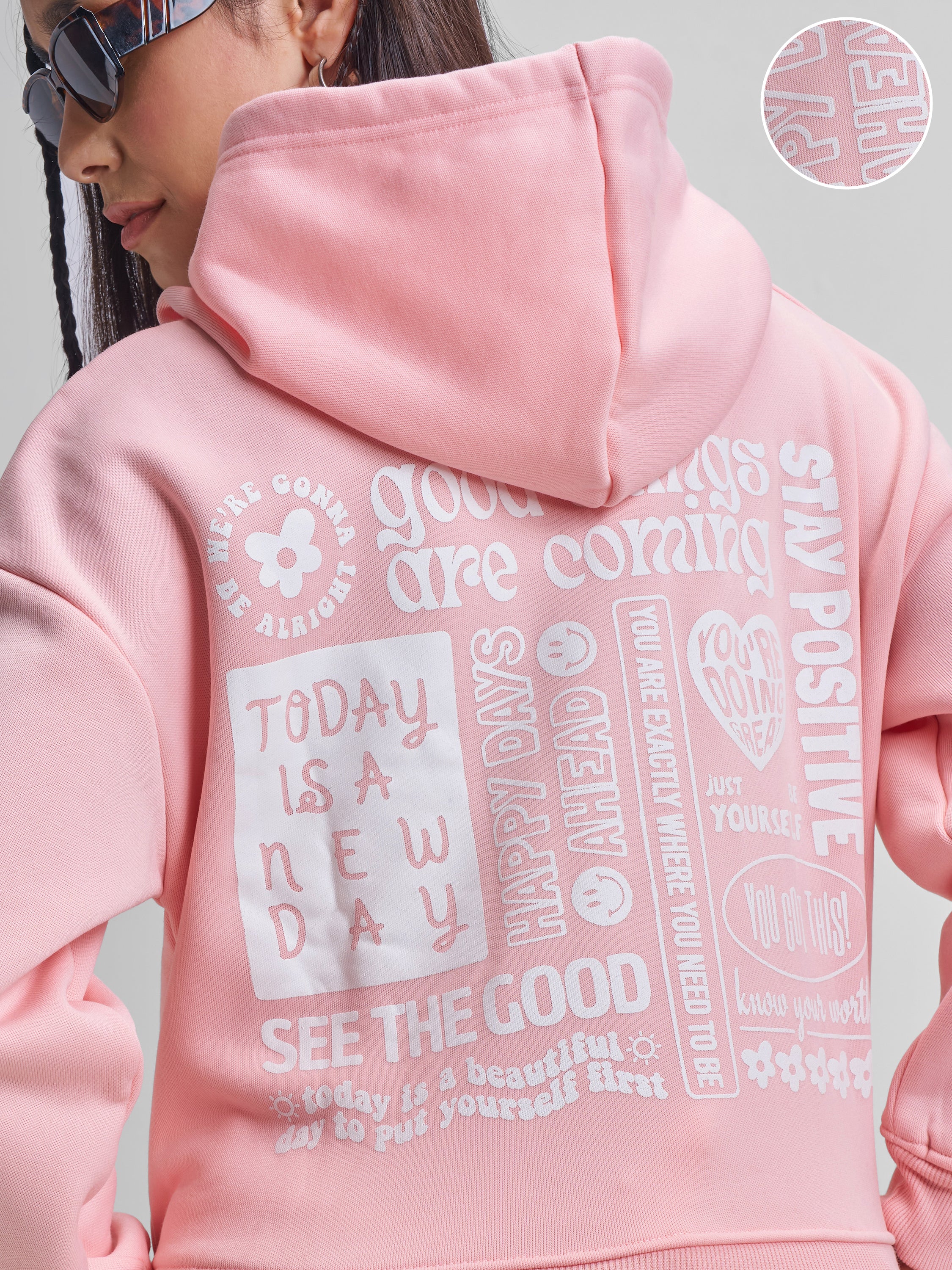 Tokyo Talkies Women Pink Hooded Sweatshirt - Pink - Image 5