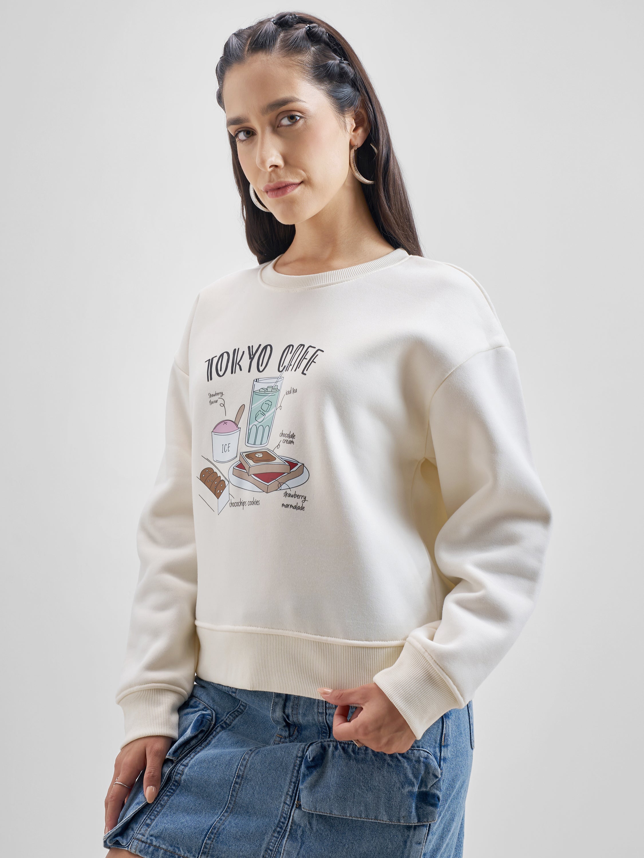 Tokyo Talkies Women White Round Neck Sweatshirt - White - Image 4