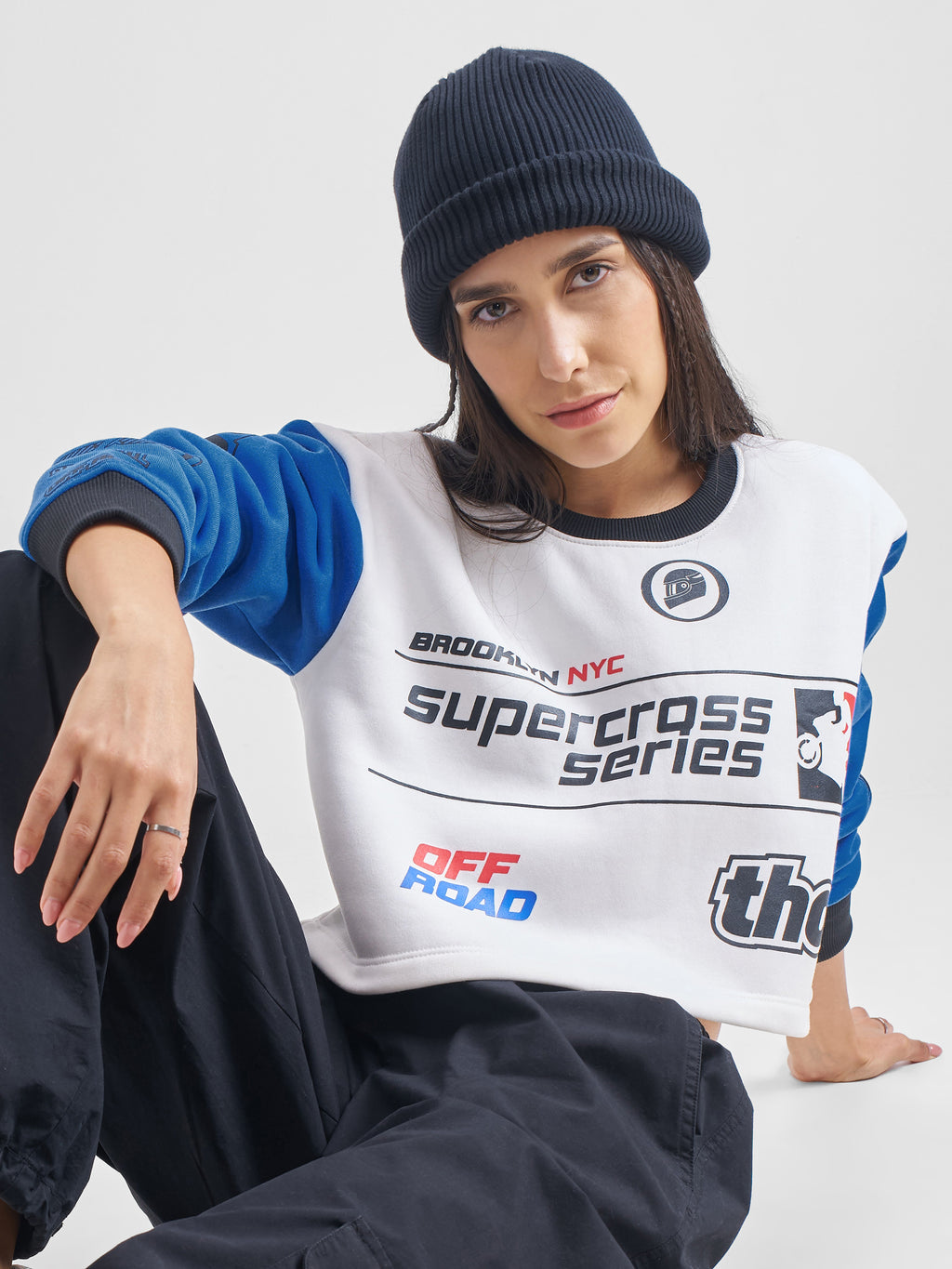 Tokyo Talkies Women White/Blue Round Neck Sweatshirt - White - Image 1