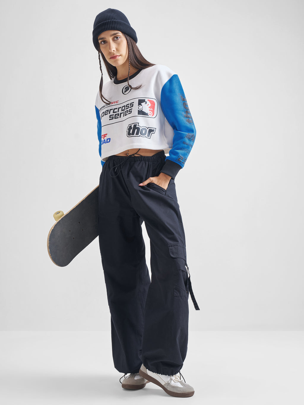 Tokyo Talkies Women White/Blue Round Neck Sweatshirt - White - Image 2
