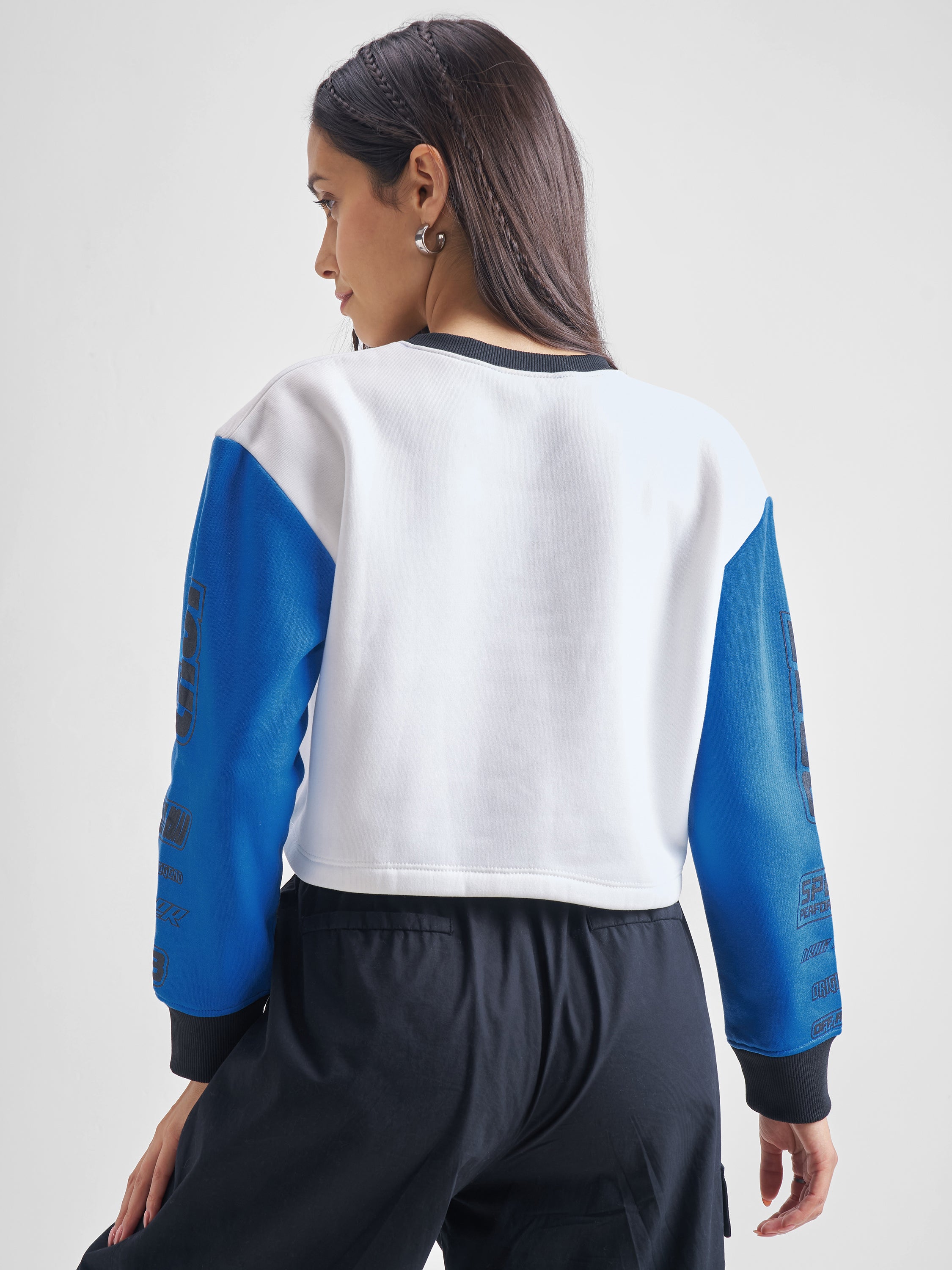 Tokyo Talkies Women White/Blue Round Neck Sweatshirt - White - Image 3