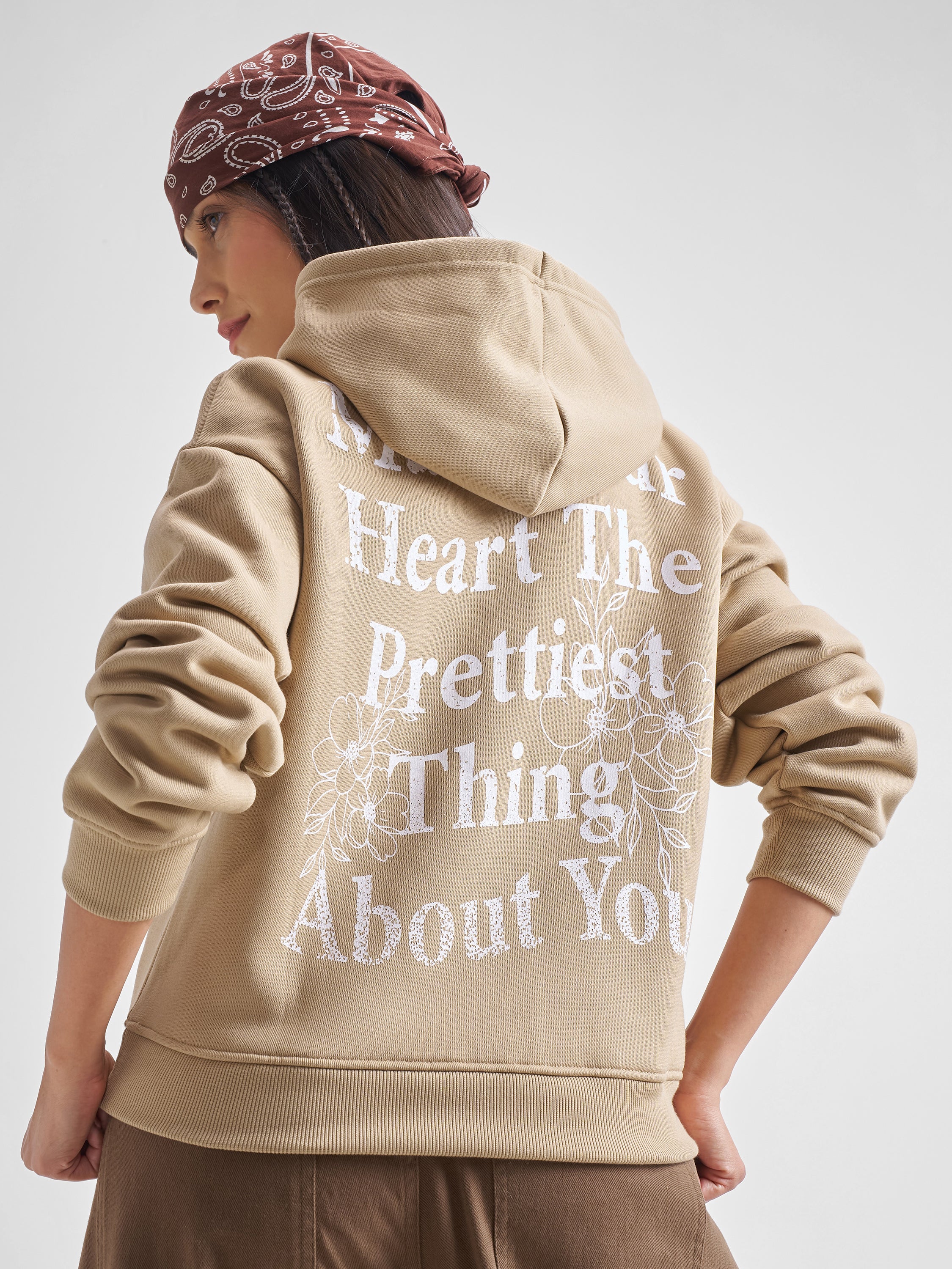 Tokyo Talkies Women Brown Printed Pullover Hood Sweatshirt - Brown - Image 1