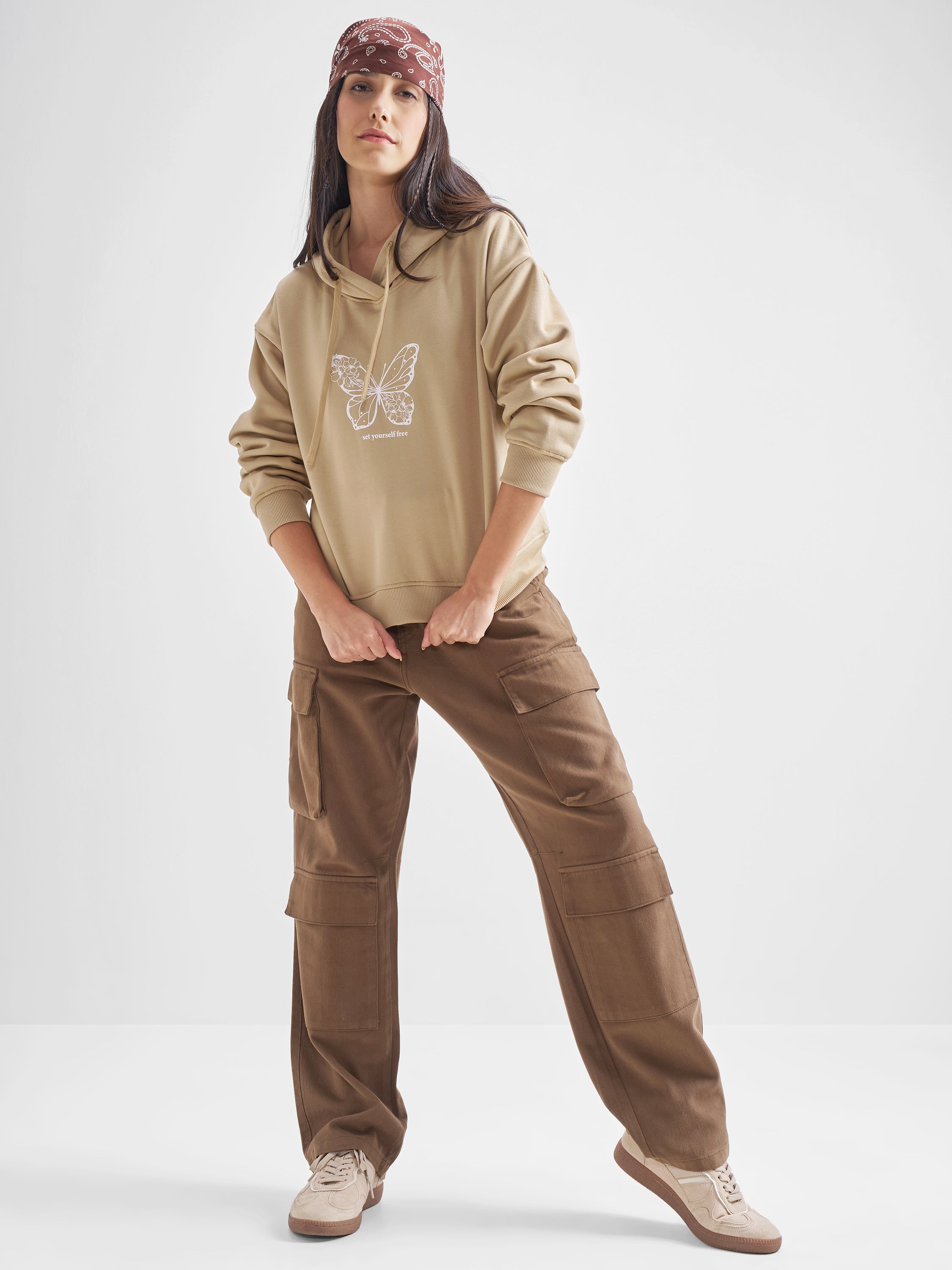 Tokyo Talkies Women Brown Printed Pullover Hood Sweatshirt - Brown - Image 2