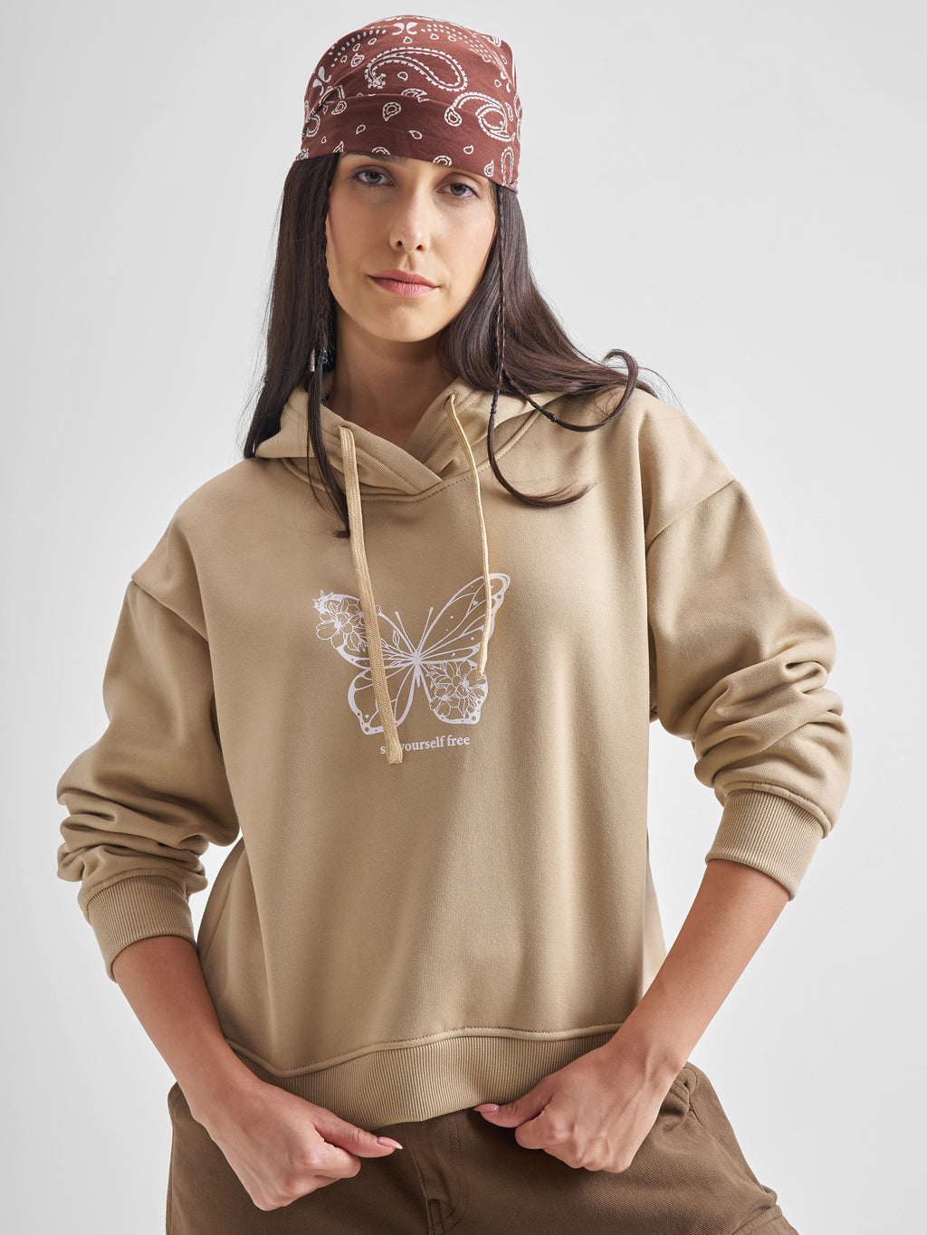 Tokyo Talkies Women Brown Printed Pullover Hood Sweatshirt - Brown - Image 3