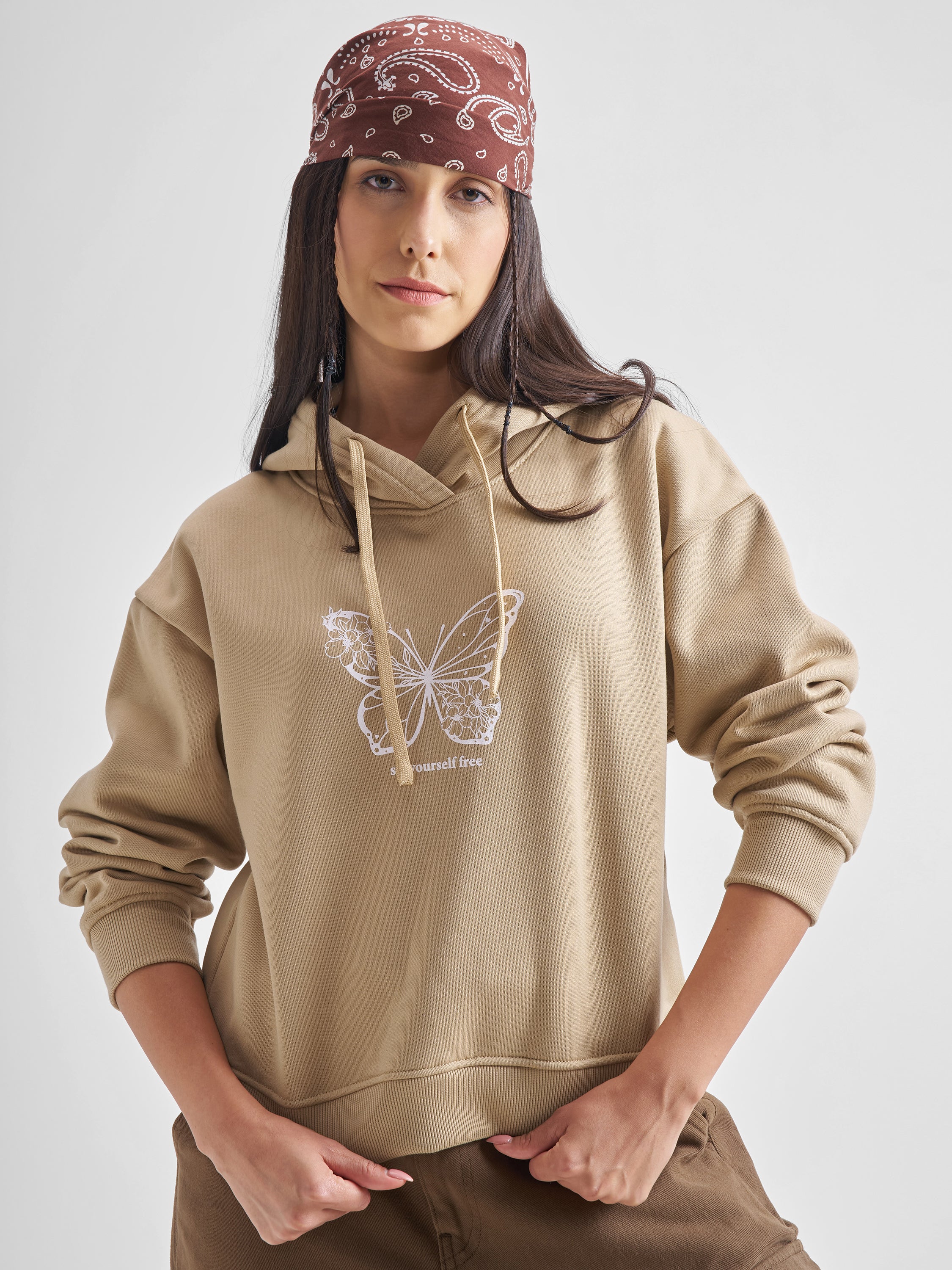 Tokyo Talkies Women Brown Printed Pullover Hood Sweatshirt - Brown - Image 3