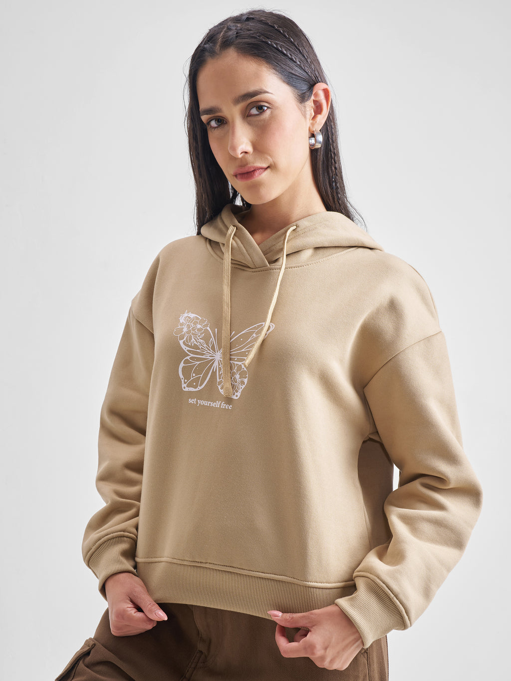 Tokyo Talkies Women Brown Printed Pullover Hood Sweatshirt - Brown - Image 4