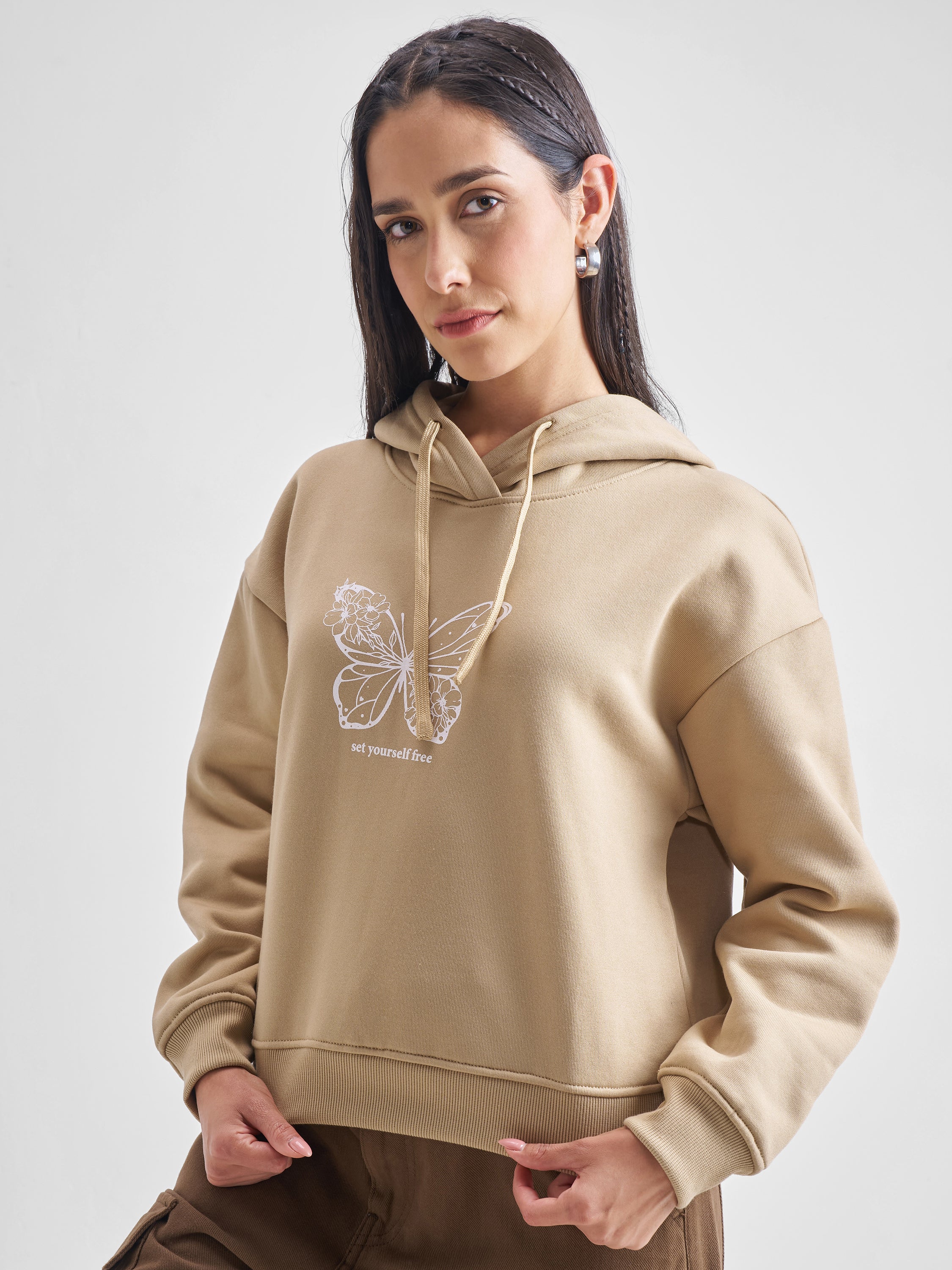 Tokyo Talkies Women Brown Printed Pullover Hood Sweatshirt - Brown - Image 4