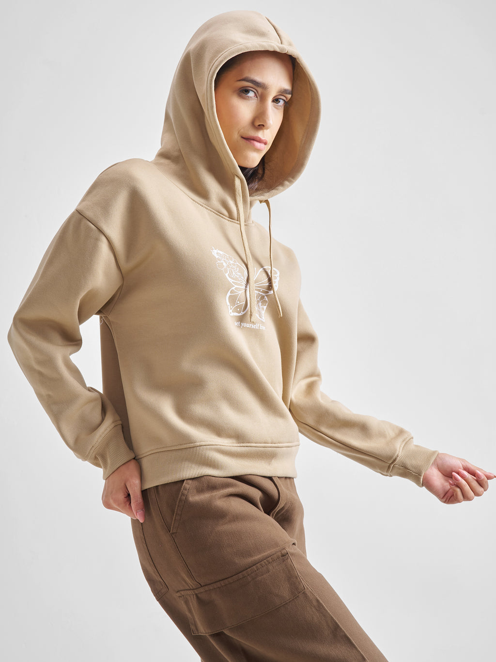 Tokyo Talkies Women Brown Printed Pullover Hood Sweatshirt - Brown - Image 6