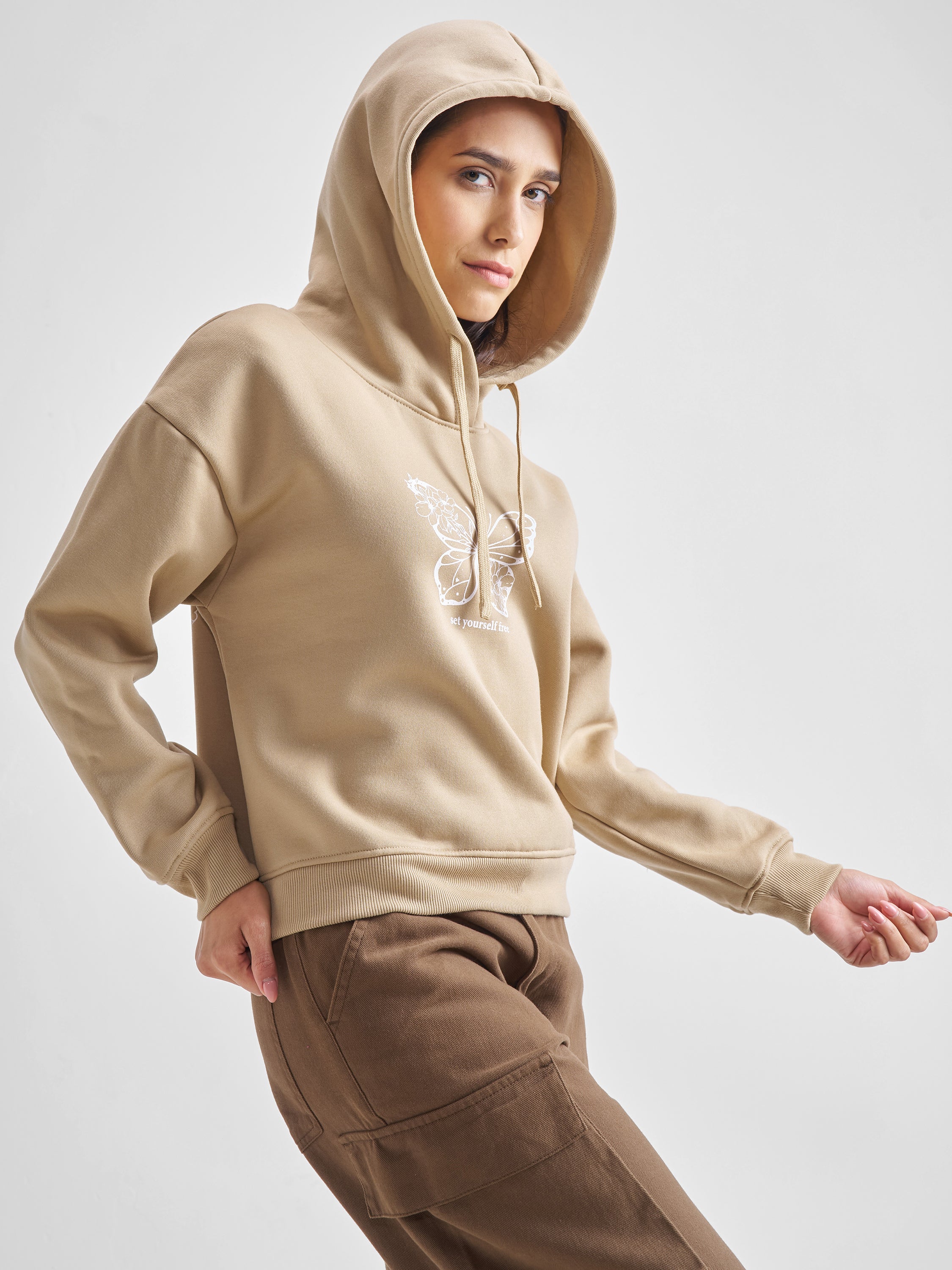 Tokyo Talkies Women Brown Printed Pullover Hood Sweatshirt - Brown - Image 6