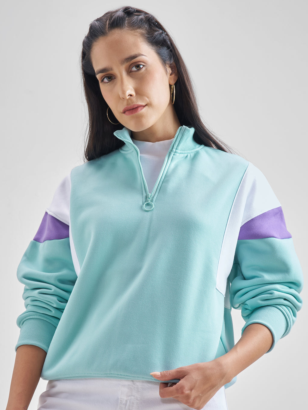 Tokyo Talkies Women Aqua High Neck Sweatshirt - Blue - Image 1