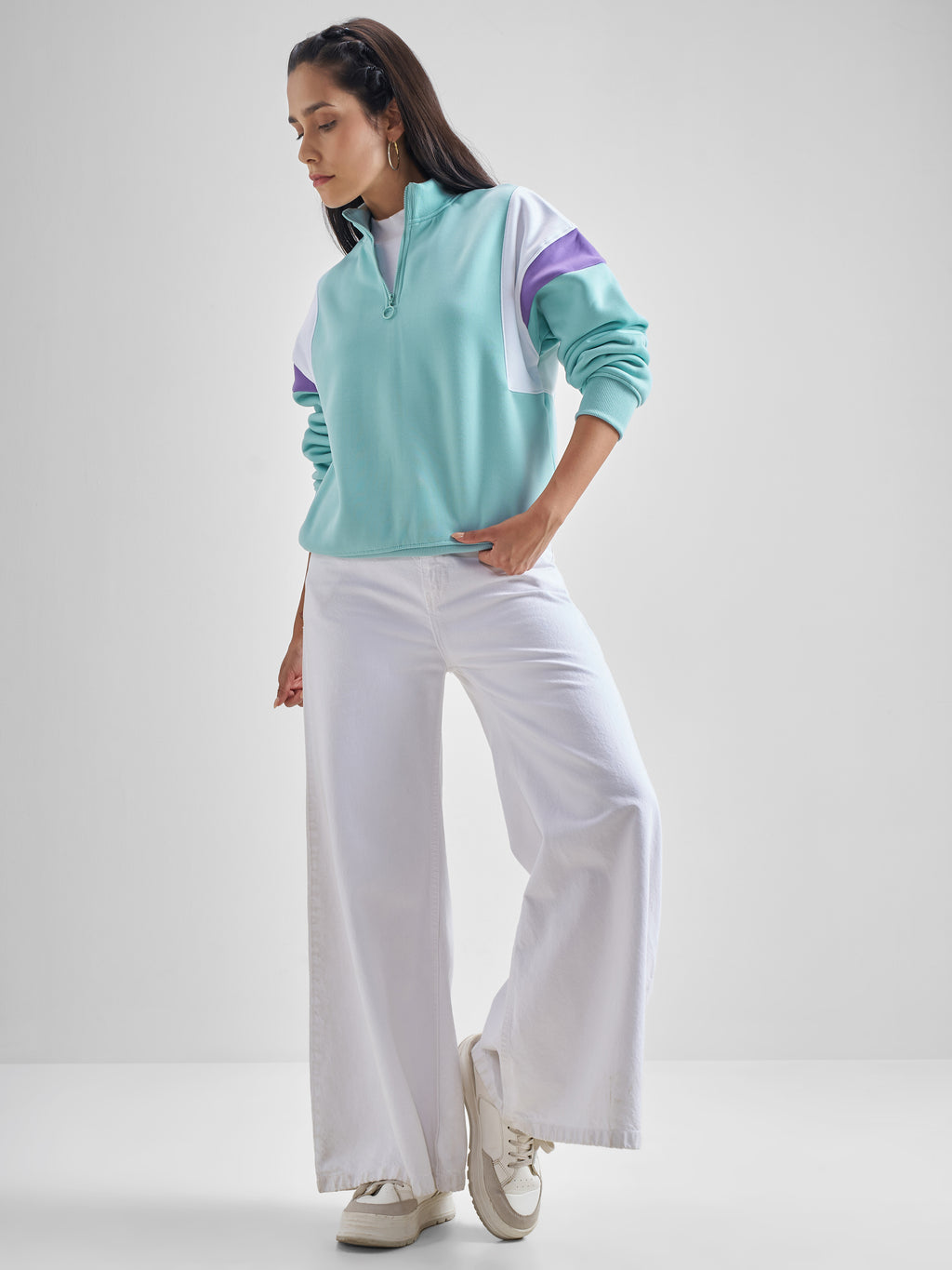 Tokyo Talkies Women Aqua High Neck Sweatshirt - Blue - Image 2