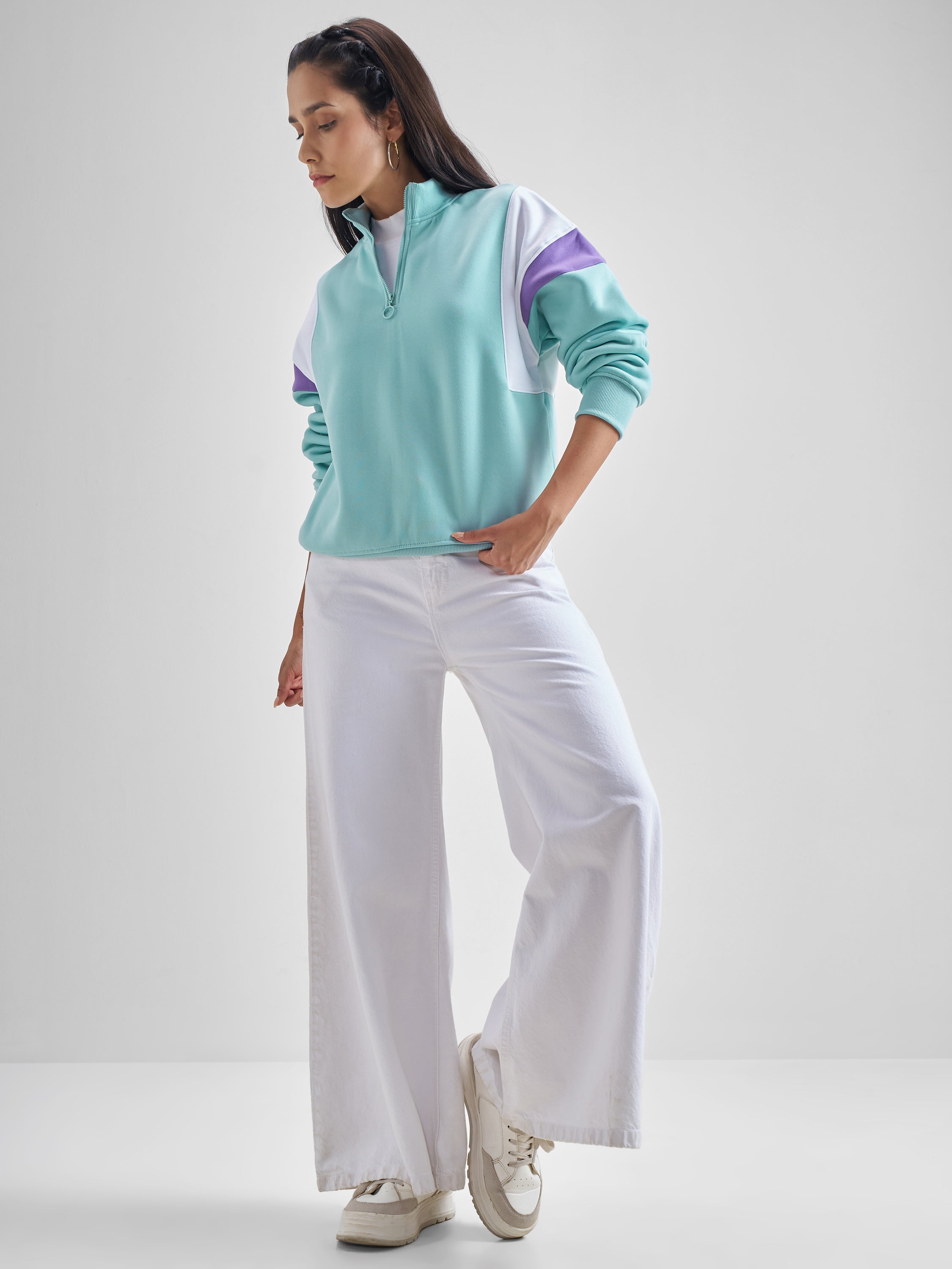 Tokyo Talkies Women Aqua High Neck Sweatshirt - Blue - Image 2
