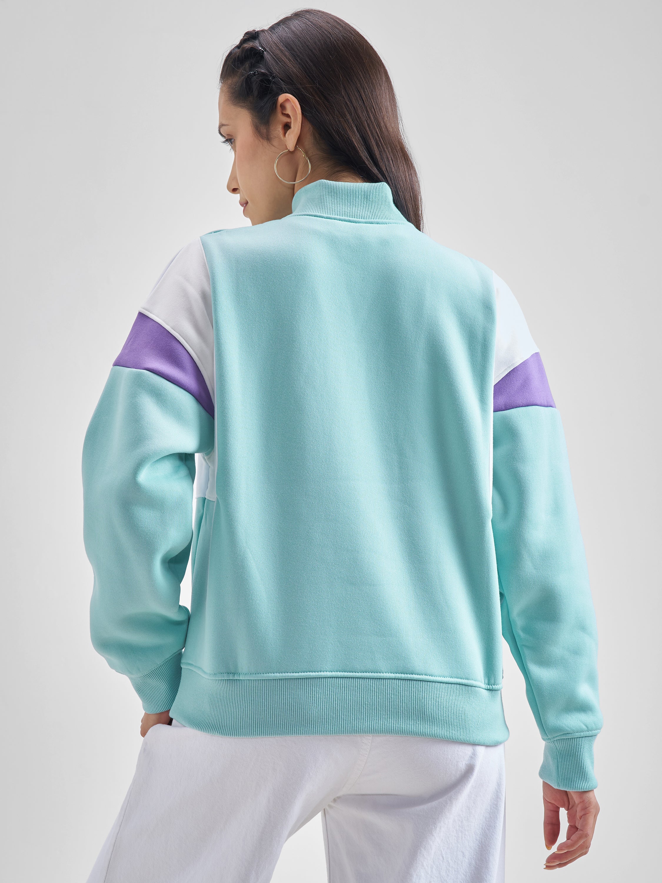 Tokyo Talkies Women Aqua High Neck Sweatshirt - Blue - Image 3