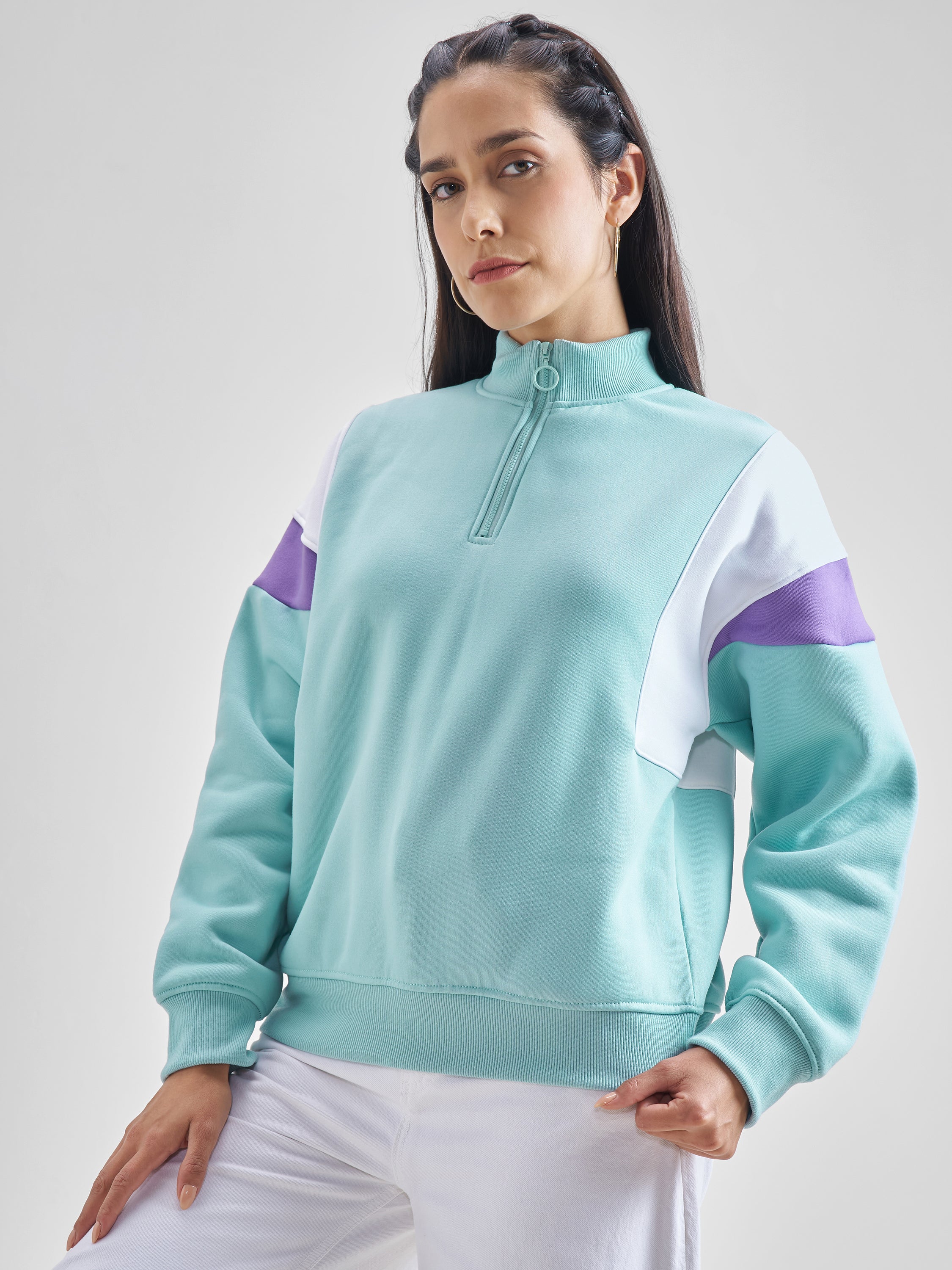 Tokyo Talkies Women Aqua High Neck Sweatshirt - Blue - Image 4