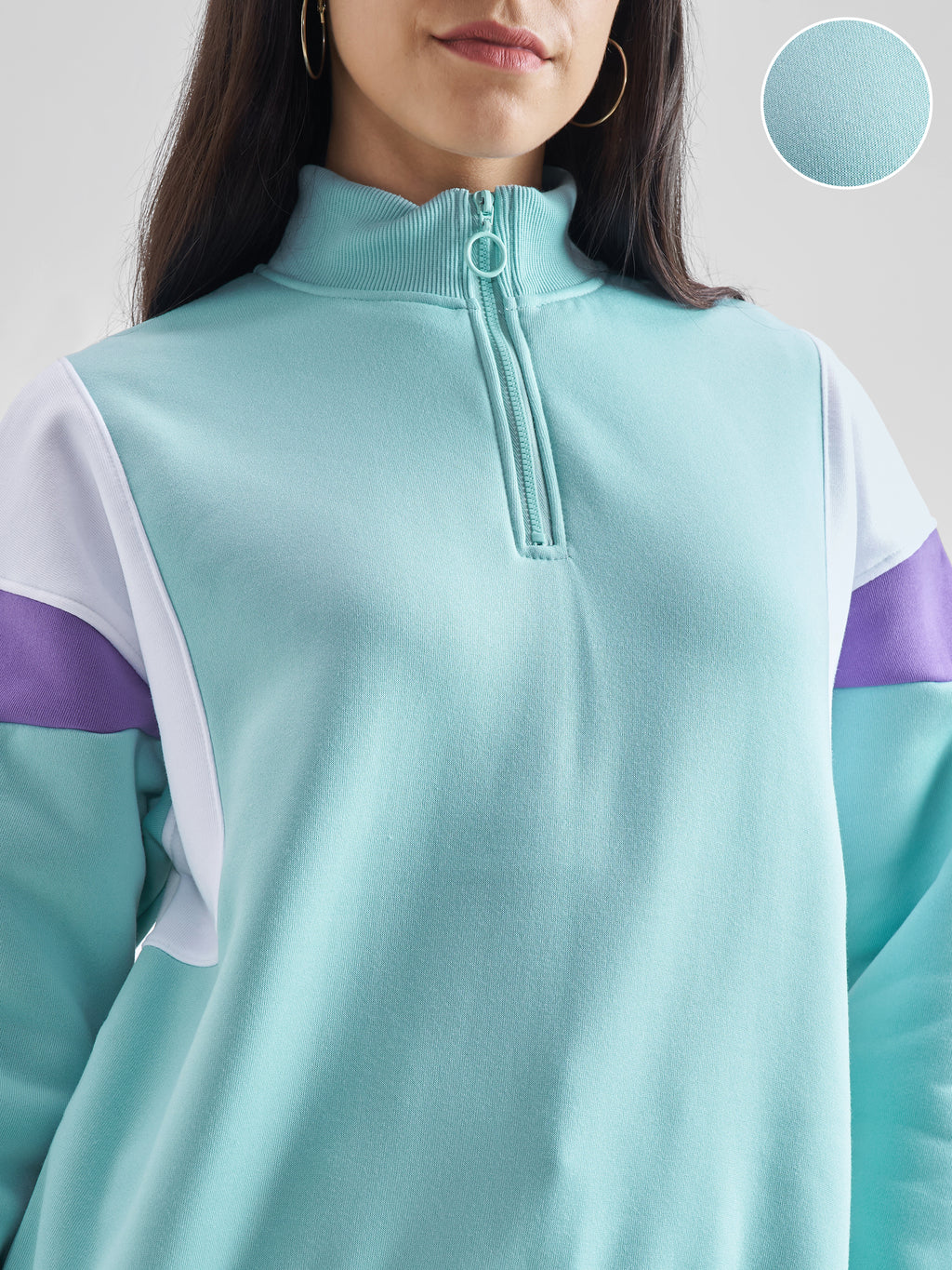 Tokyo Talkies Women Aqua High Neck Sweatshirt - Blue - Image 5