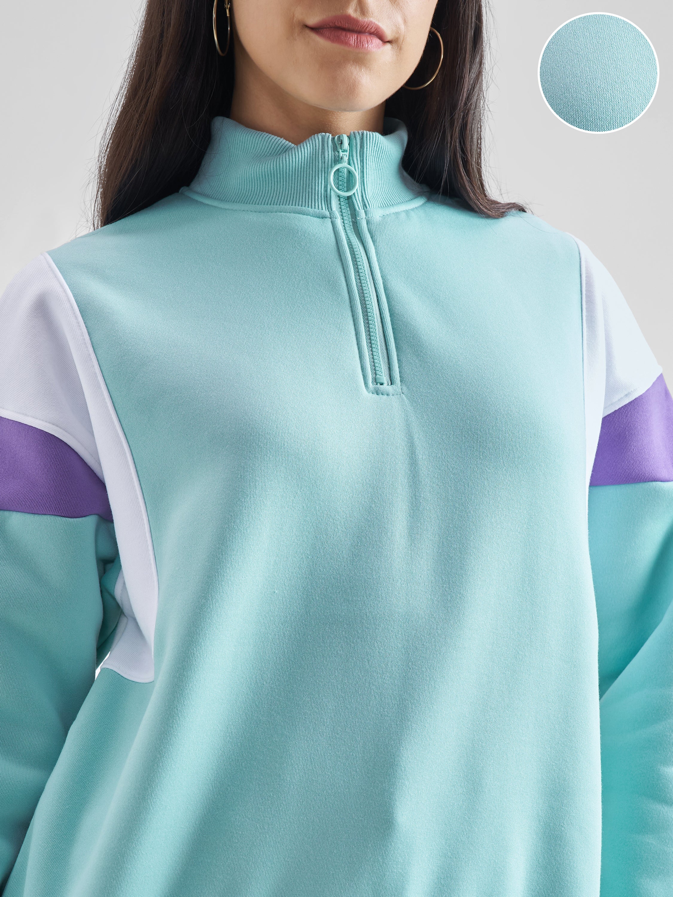 Tokyo Talkies Women Aqua High Neck Sweatshirt - Blue - Image 5