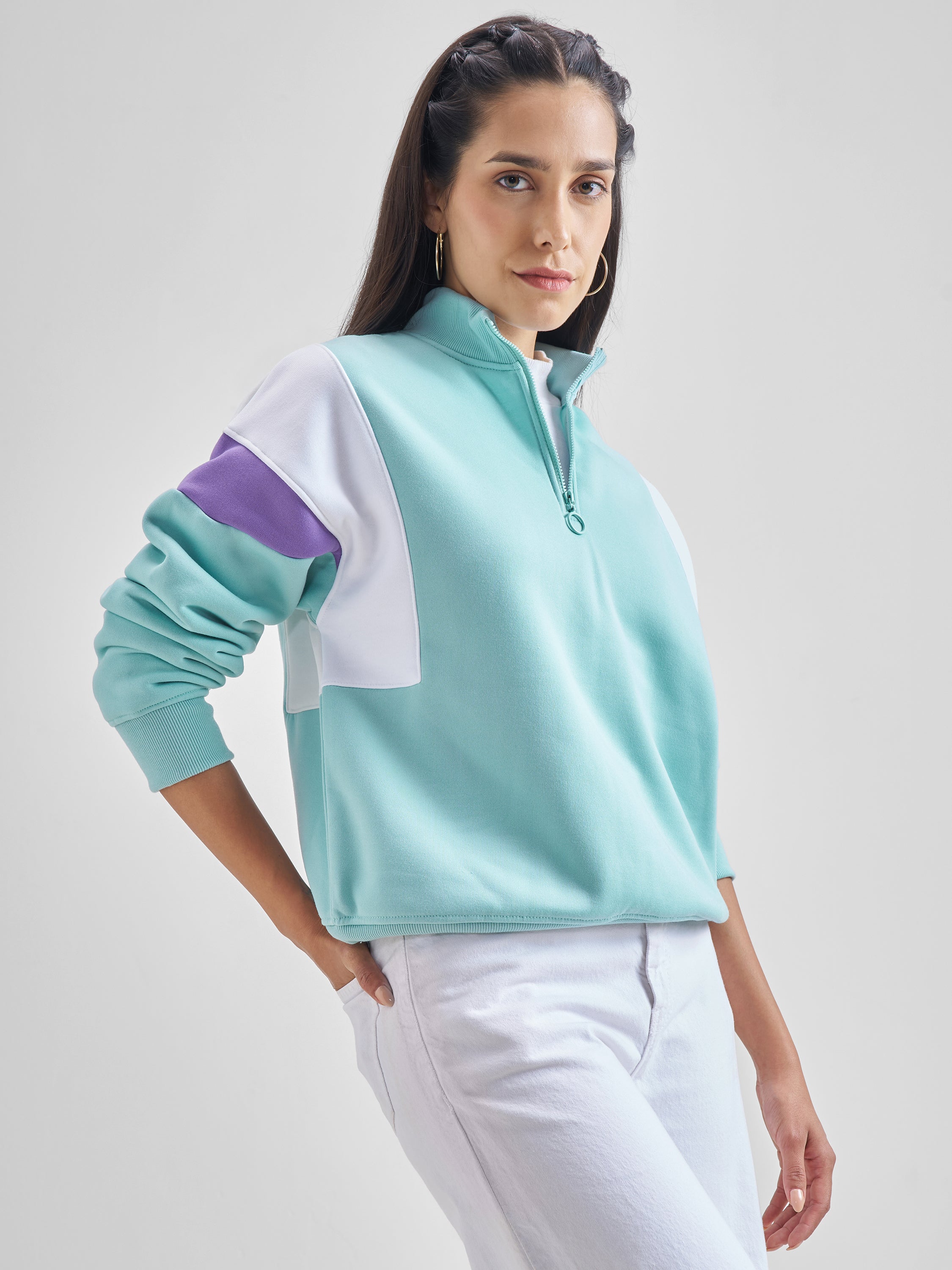 Tokyo Talkies Women Aqua High Neck Sweatshirt - Blue - Image 6