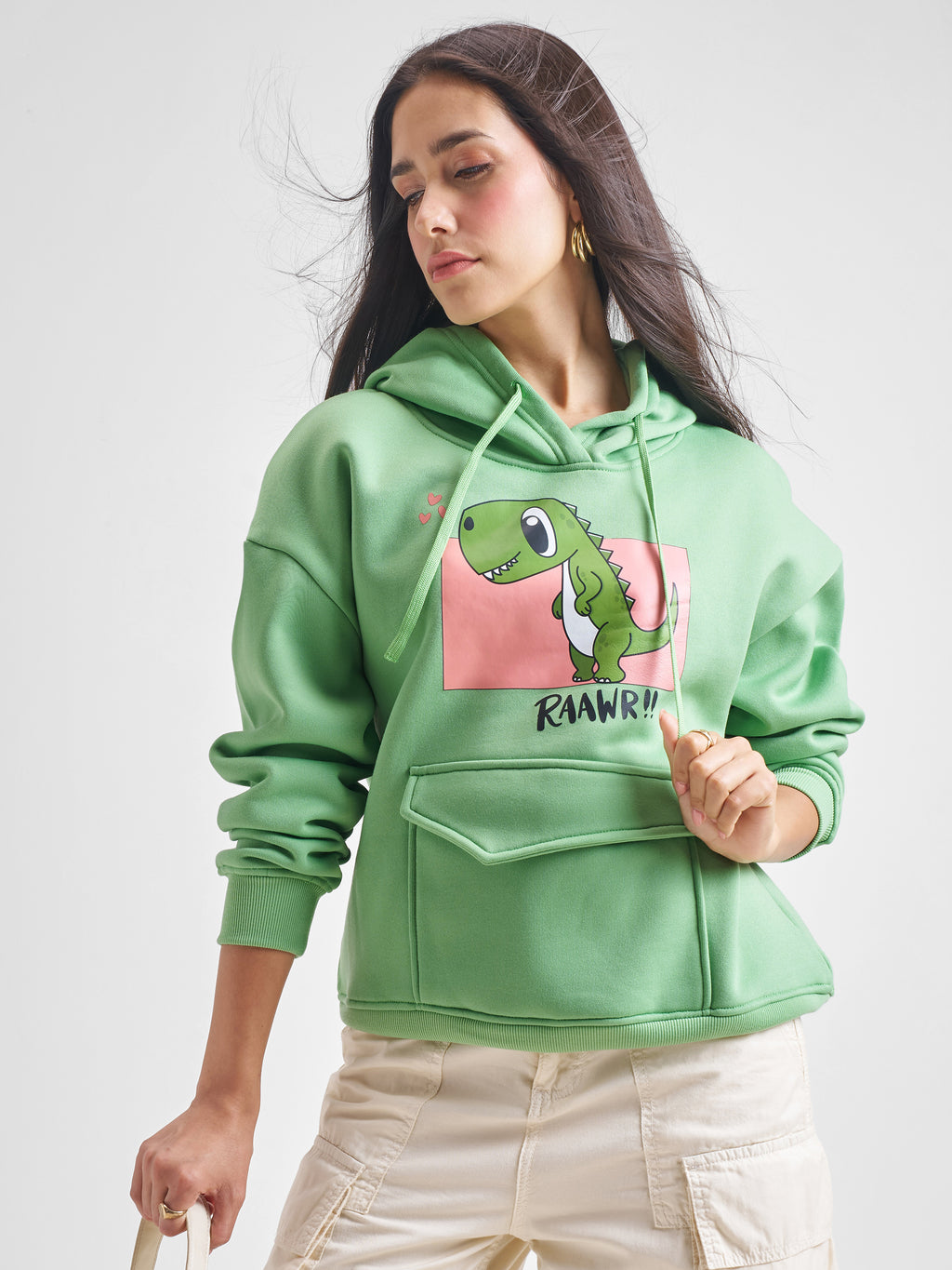 Tokyo Talkies Women Green Hooded Sweatshirt - Green - Image 1