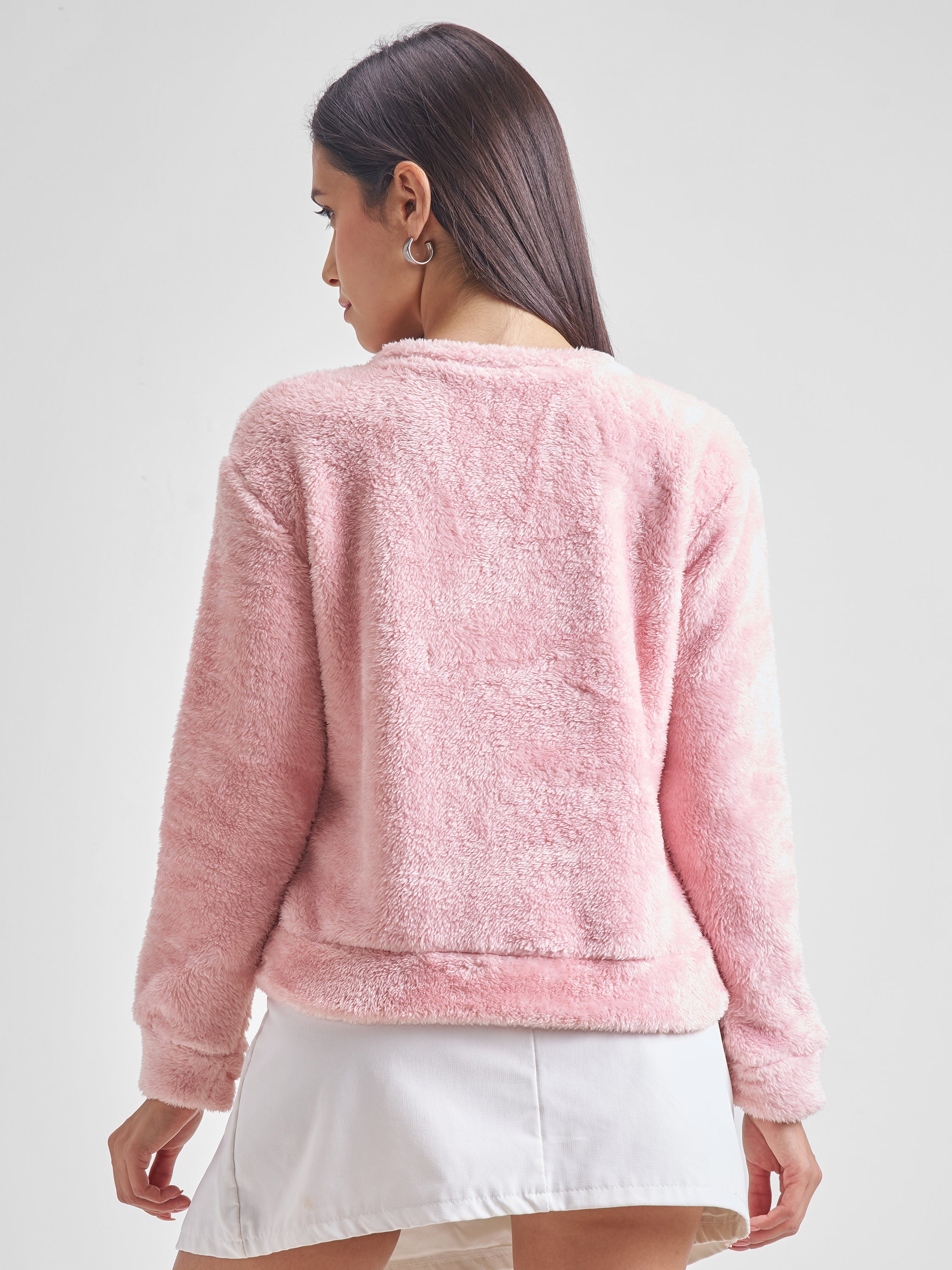 Tokyo Talkies Women Pink Self Design Pullover Round Neck Sweatshirt - Pink - Image 3