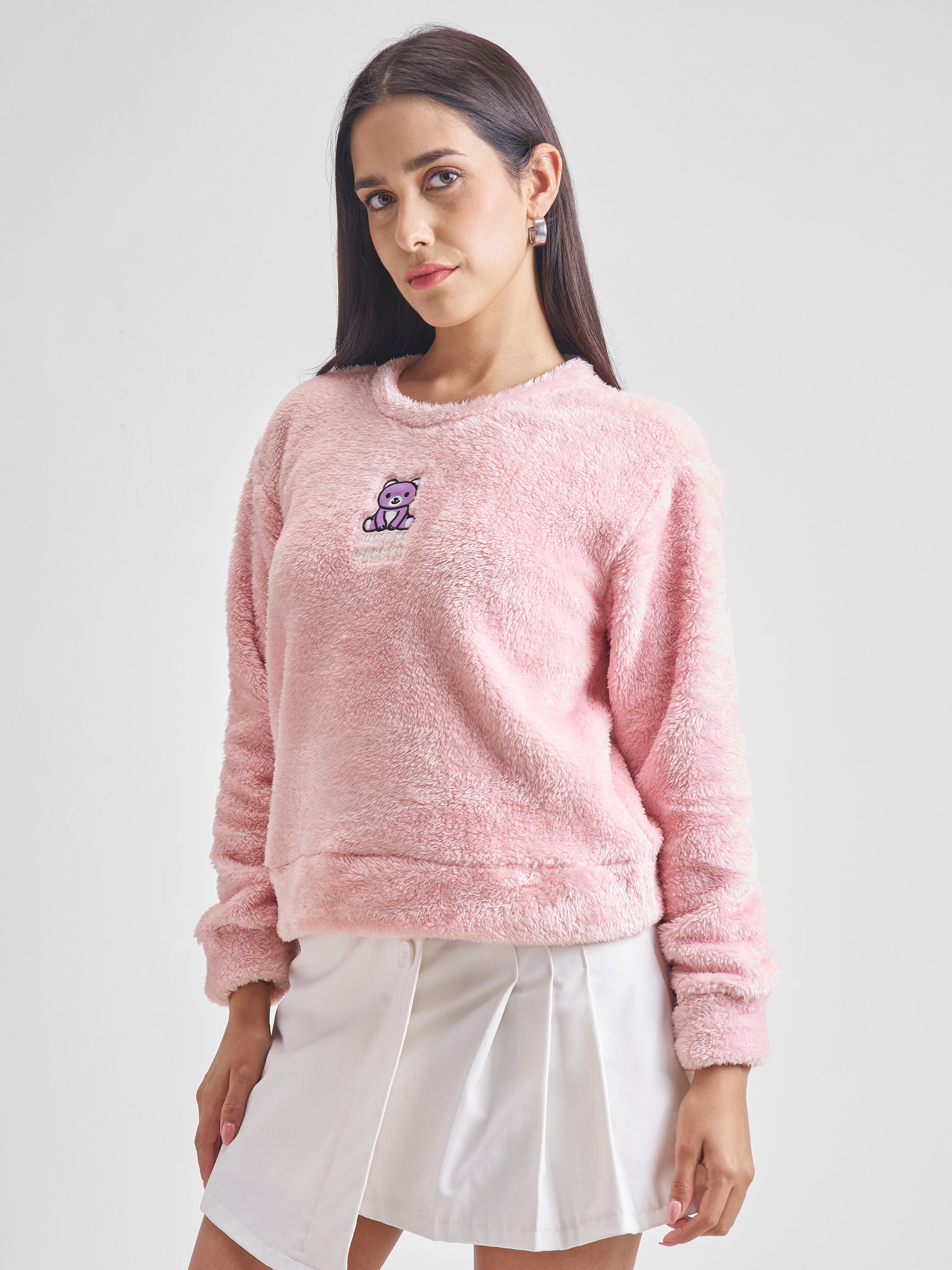 Tokyo Talkies Women Pink Self Design Pullover Round Neck Sweatshirt - Pink - Image 4
