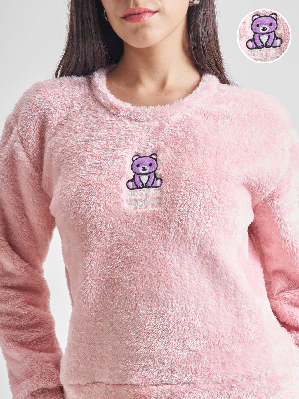 Tokyo Talkies Women Pink Self Design Pullover Round Neck Sweatshirt - Pink - Image 5