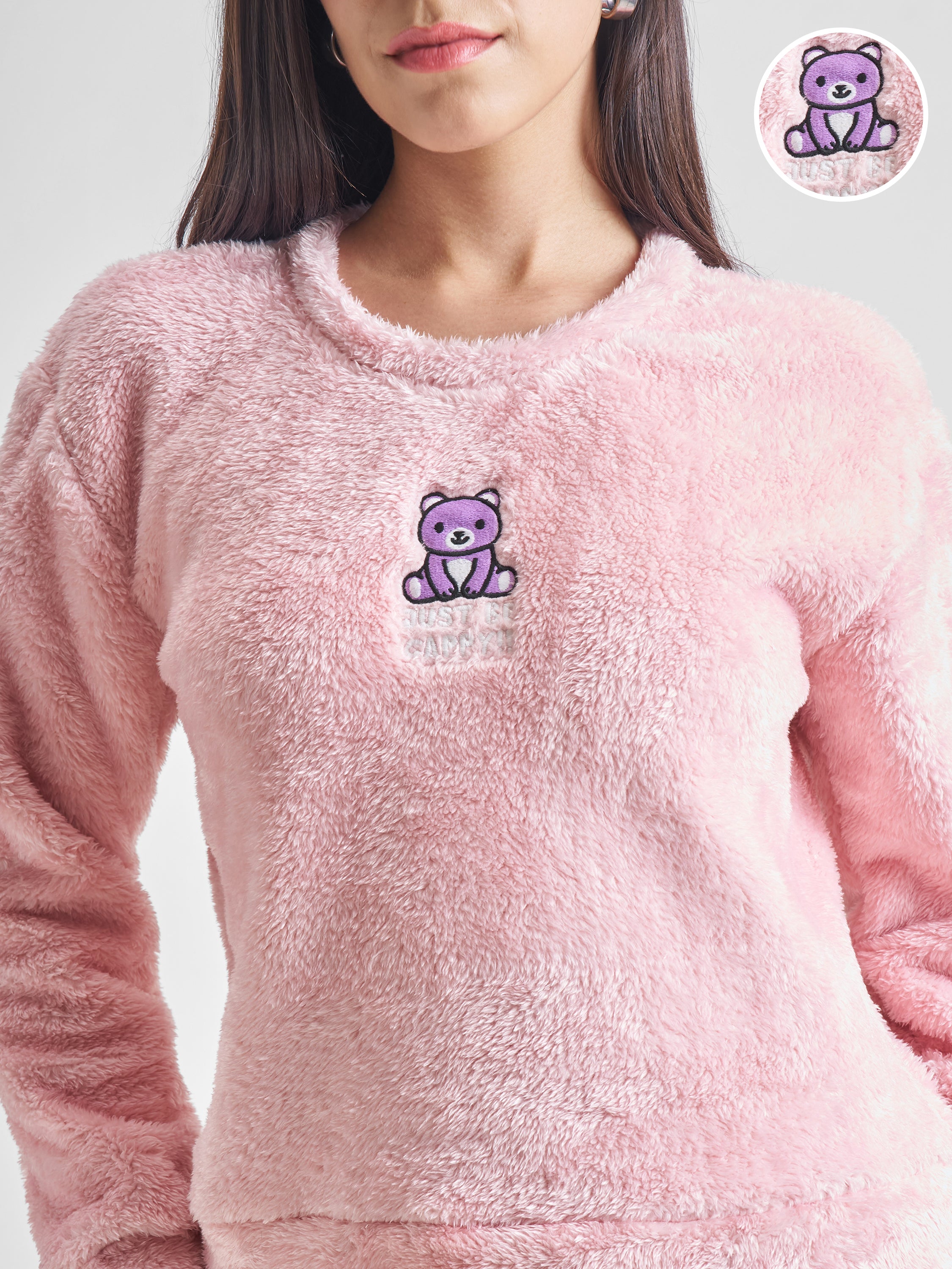 Tokyo Talkies Women Pink Self Design Pullover Round Neck Sweatshirt - Pink - Image 5