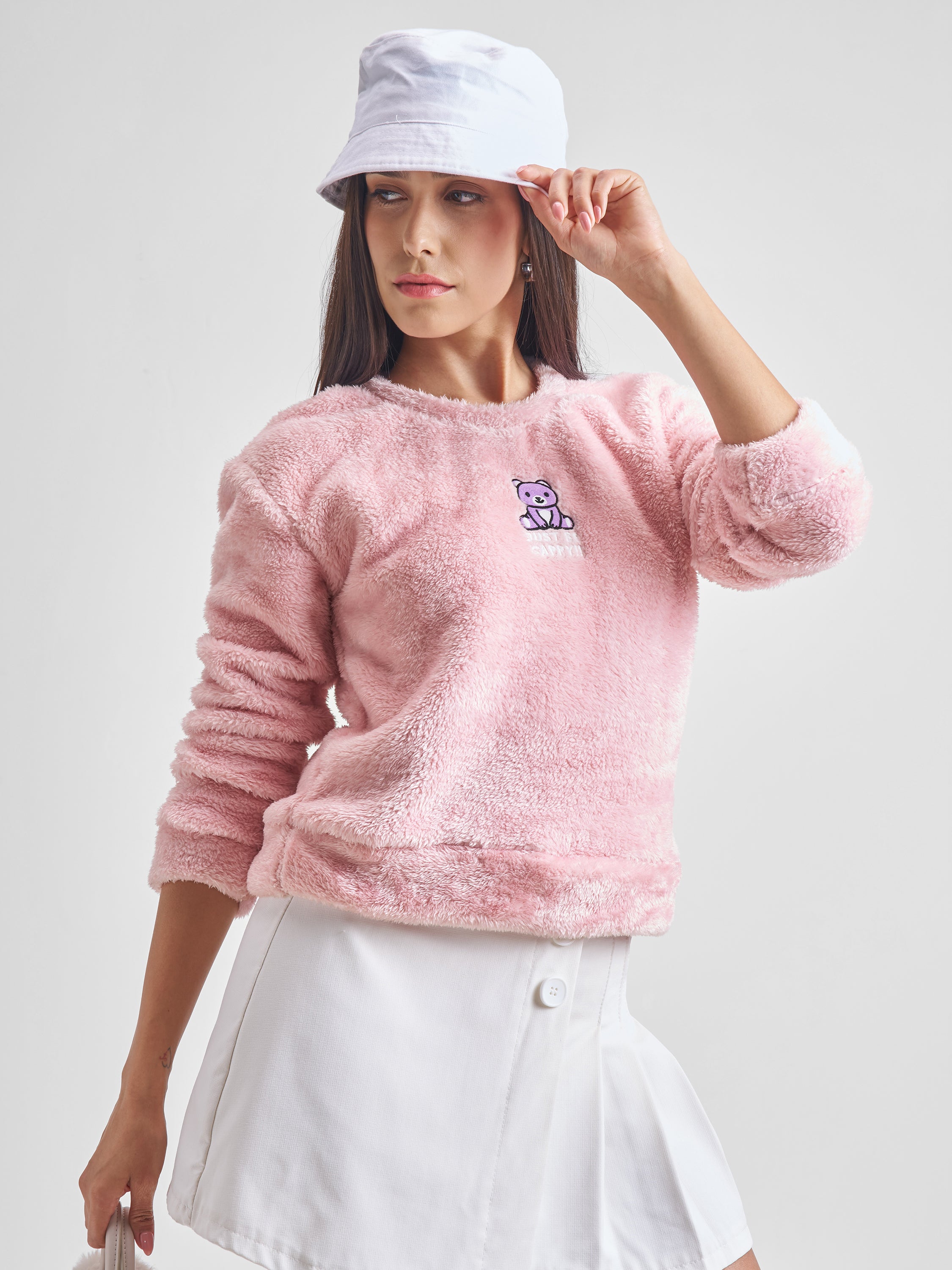 Tokyo Talkies Women Pink Self Design Pullover Round Neck Sweatshirt - Pink - Image 6