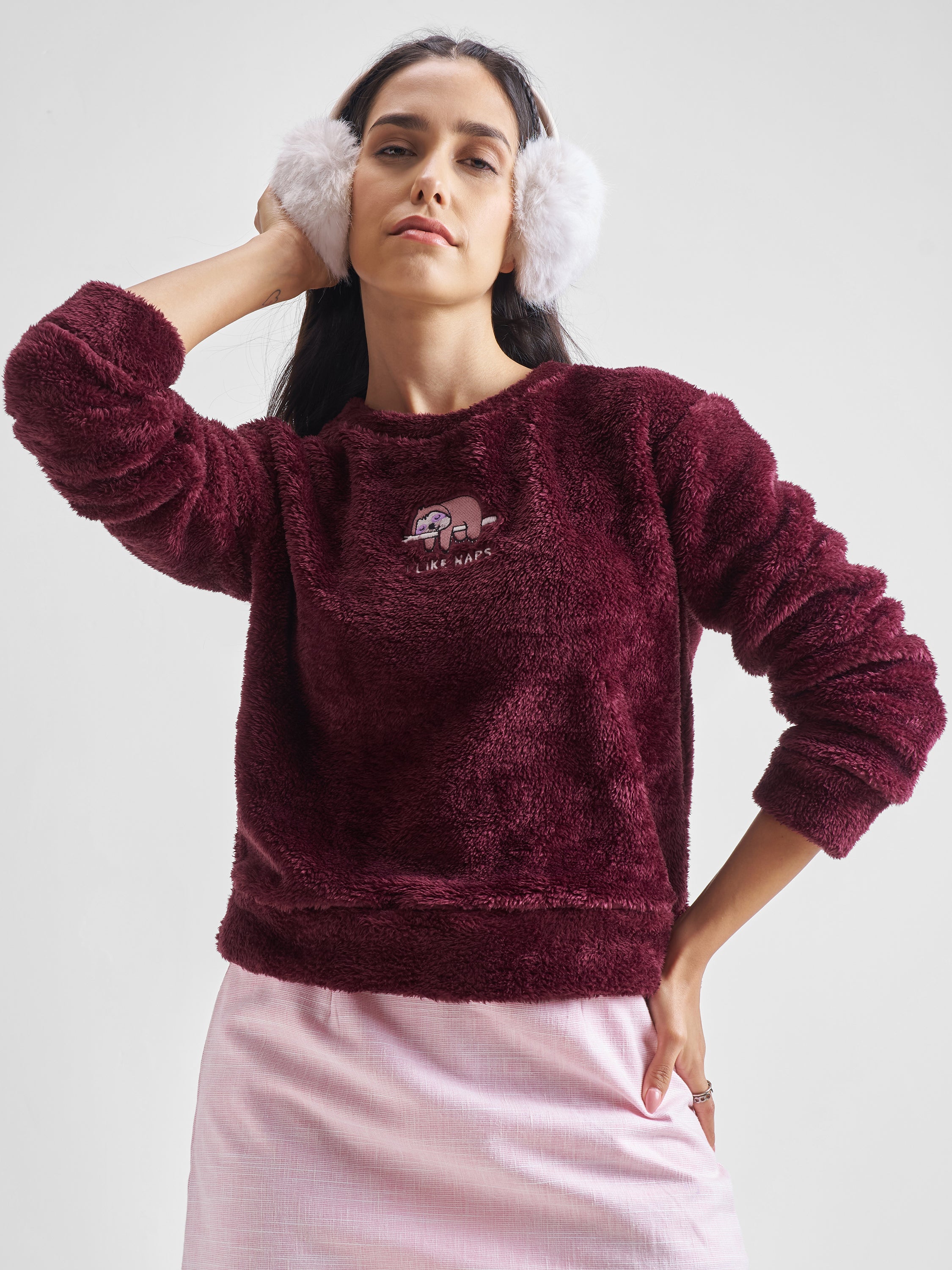 Tokyo Talkies Women Maroon Self Design Pullover Round Neck Sweatshirt - Maroon - Image 1
