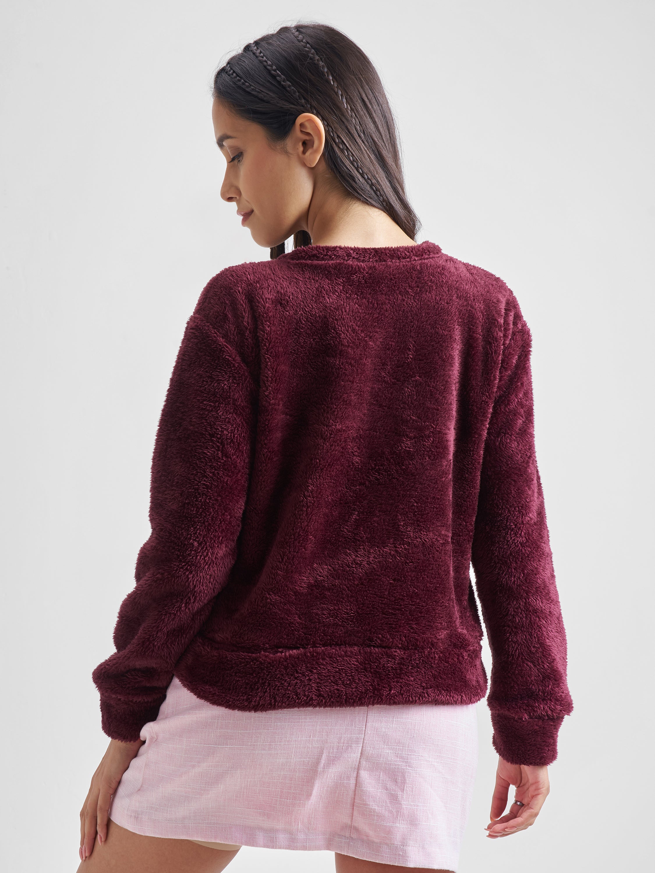 Tokyo Talkies Women Maroon Self Design Pullover Round Neck Sweatshirt - Maroon - Image 3