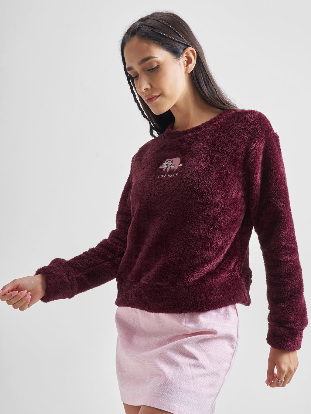Tokyo Talkies Women Maroon Self Design Pullover Round Neck Sweatshirt - Maroon - Image 4