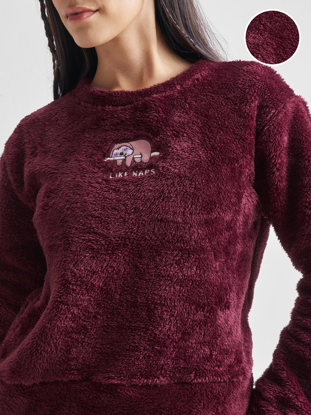 Tokyo Talkies Women Maroon Self Design Pullover Round Neck Sweatshirt - Maroon - Image 5
