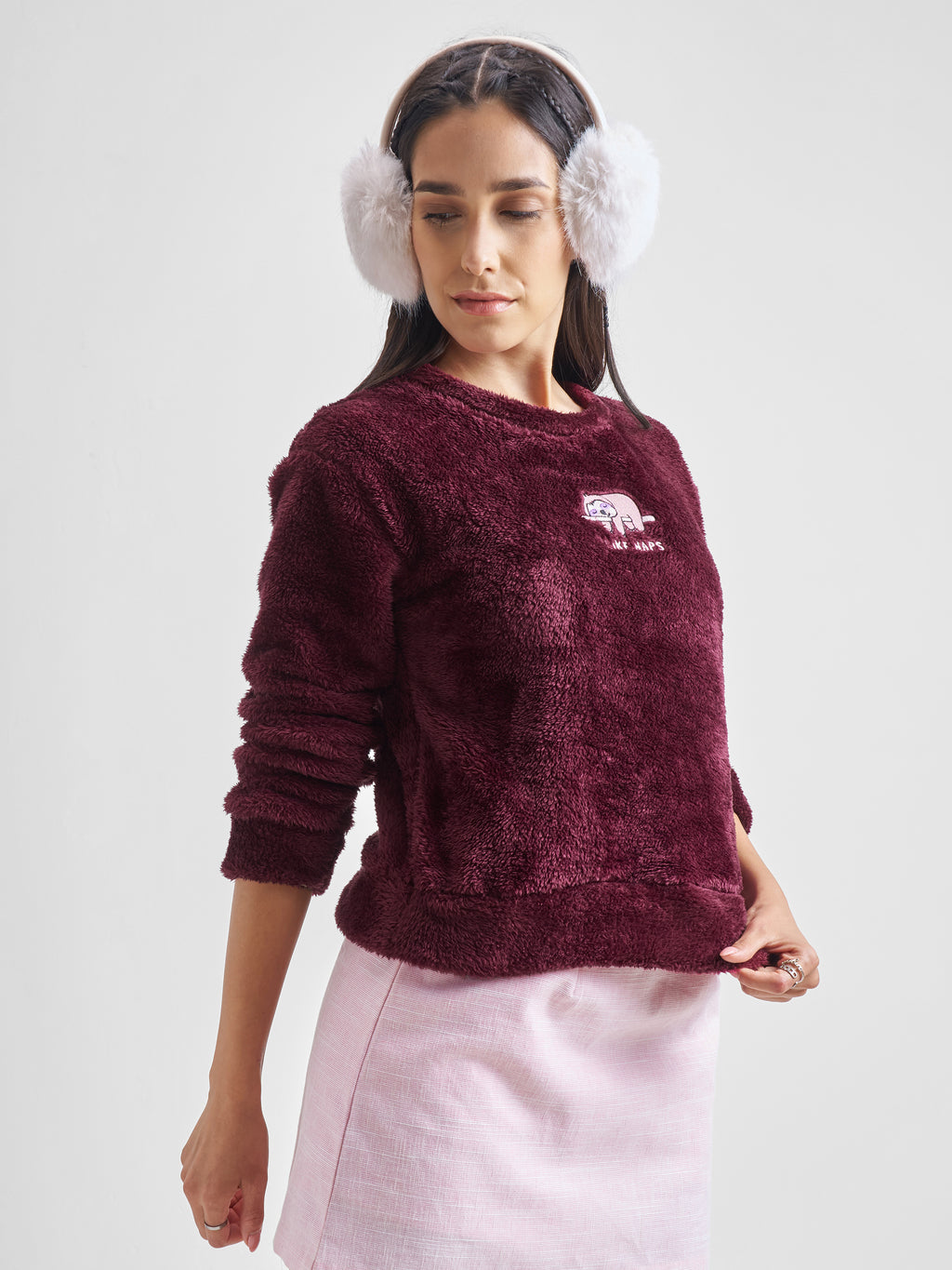 Tokyo Talkies Women Maroon Self Design Pullover Round Neck Sweatshirt - Maroon - Image 6