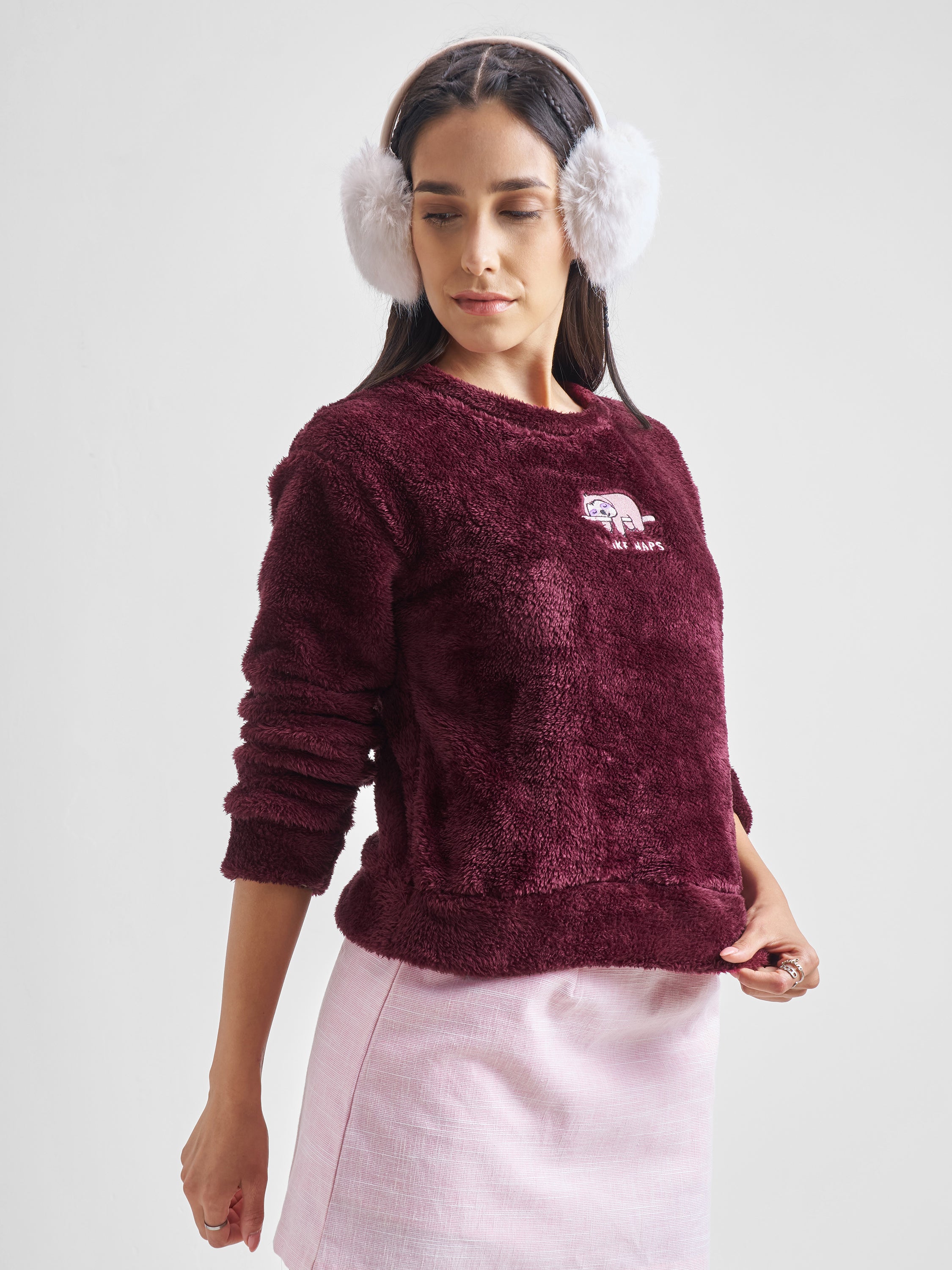 Tokyo Talkies Women Maroon Self Design Pullover Round Neck Sweatshirt - Maroon - Image 6