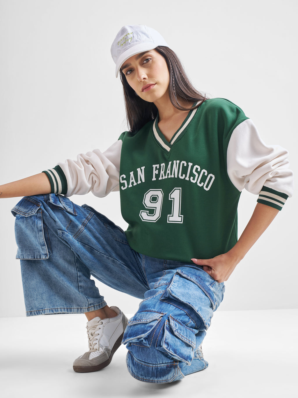 Tokyo Talkies Women Green V-Neck Sweatshirt - Green - Image 2
