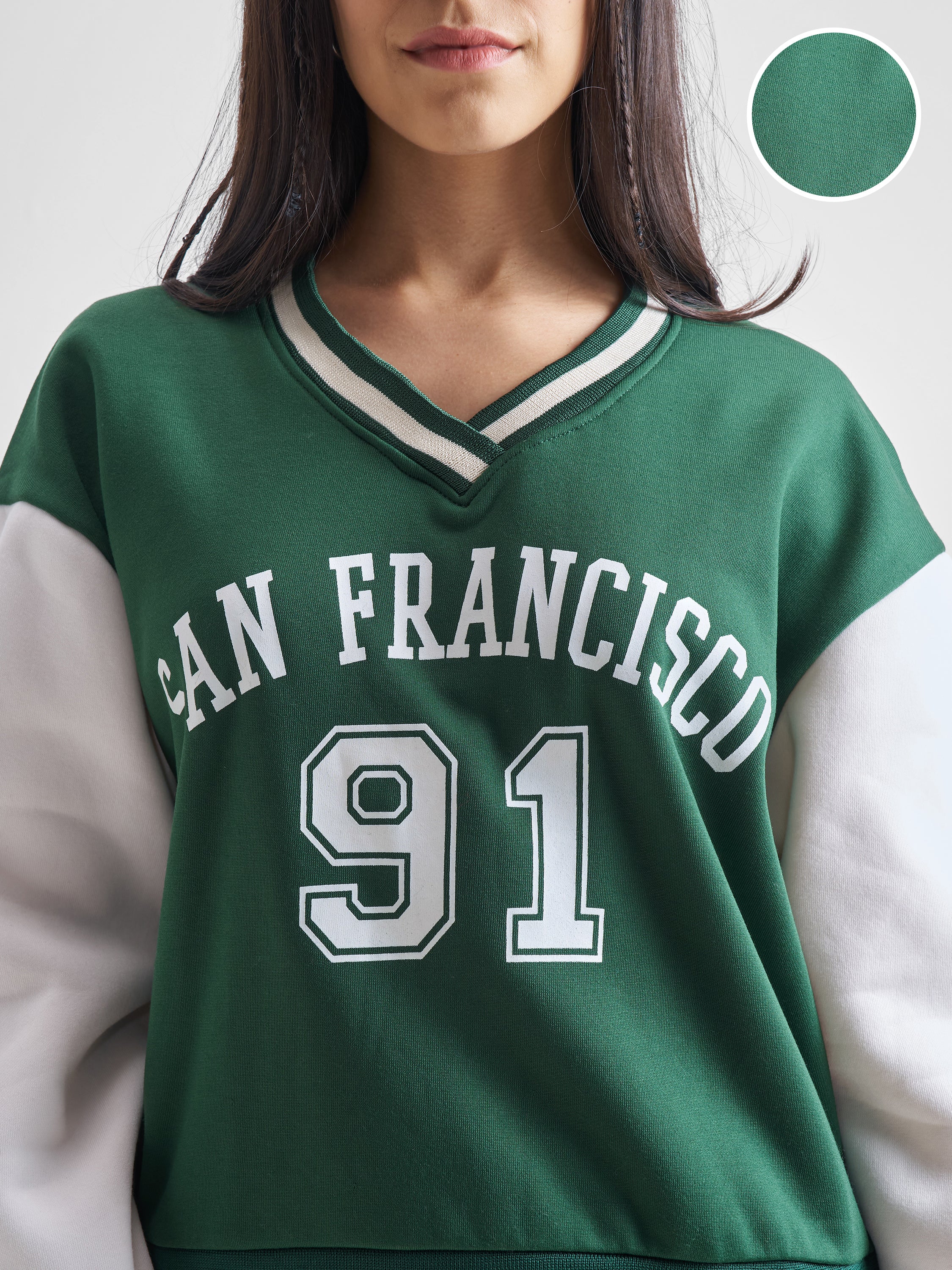 Tokyo Talkies Women Green V-Neck Sweatshirt - Green - Image 5