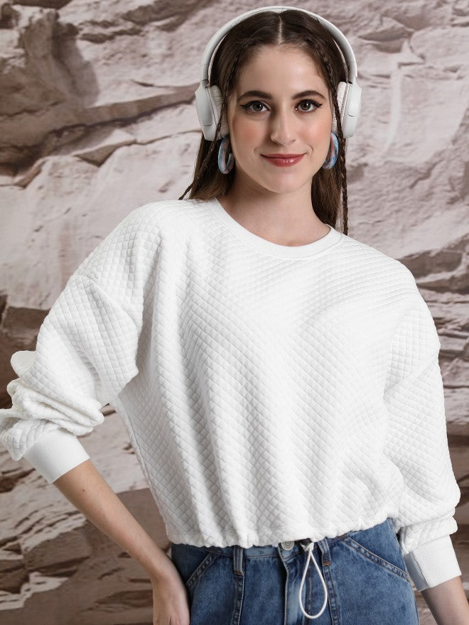 Tokyo Talkies Women White Self Design Pullover Round Neck Sweatshirt - White - Image 1