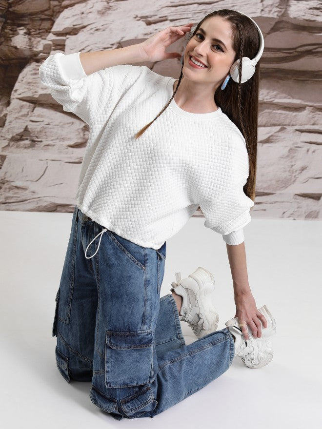 Tokyo Talkies Women White Self Design Pullover Round Neck Sweatshirt - White - Image 2