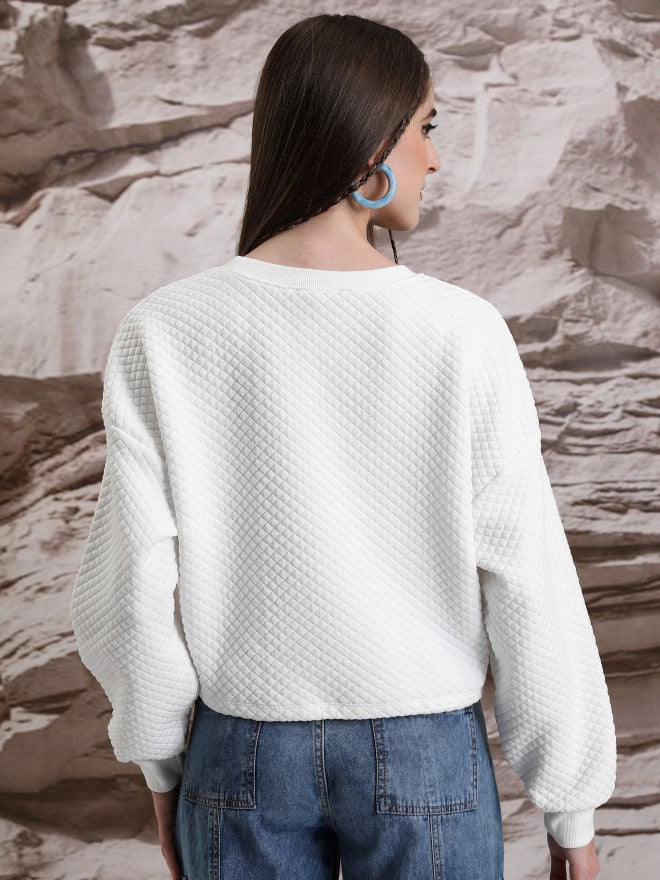 Tokyo Talkies Women White Self Design Pullover Round Neck Sweatshirt - White - Image 3
